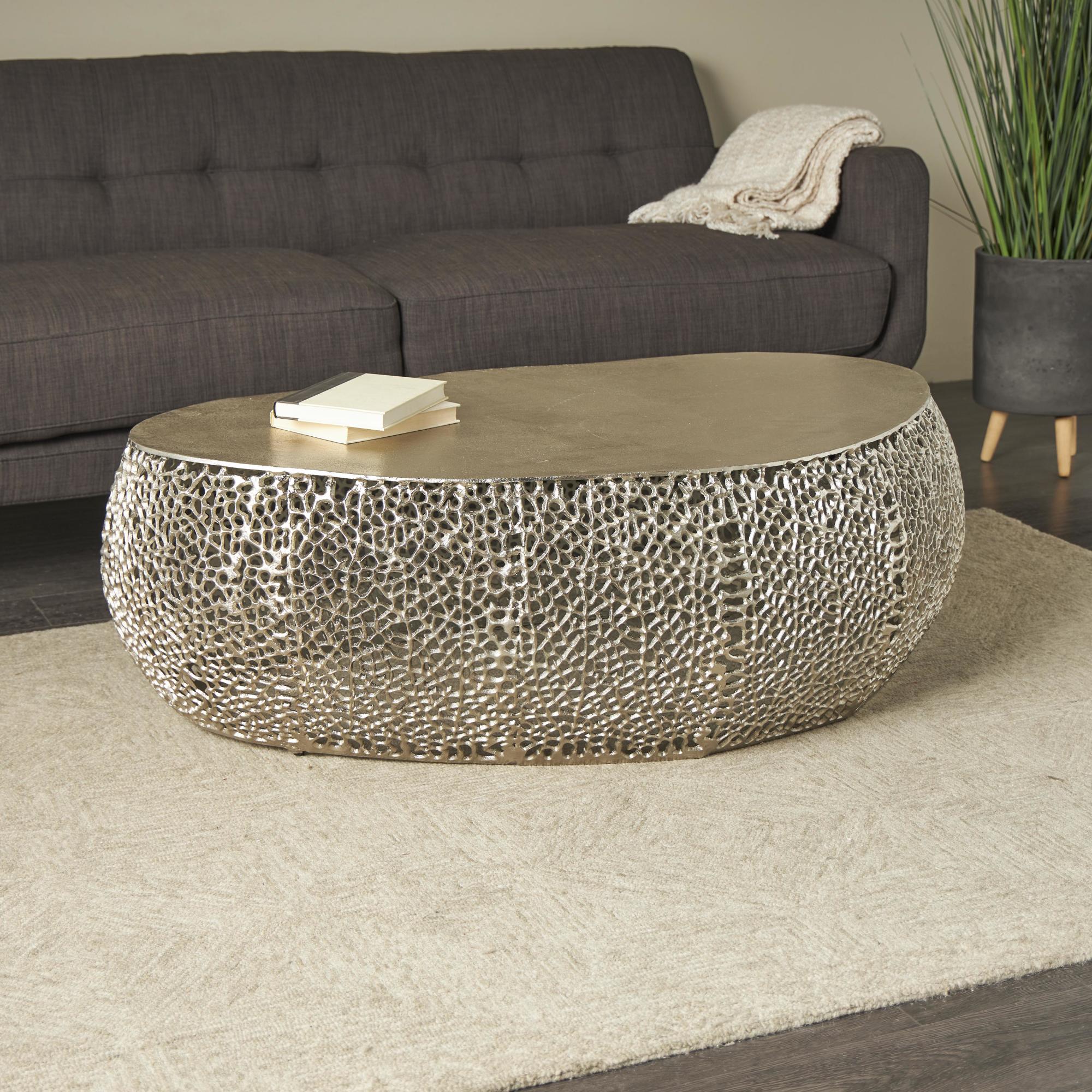 Abstract Silver Aluminum Metal Oval Shaped Living Room Coffee Table with Open Lattice Work