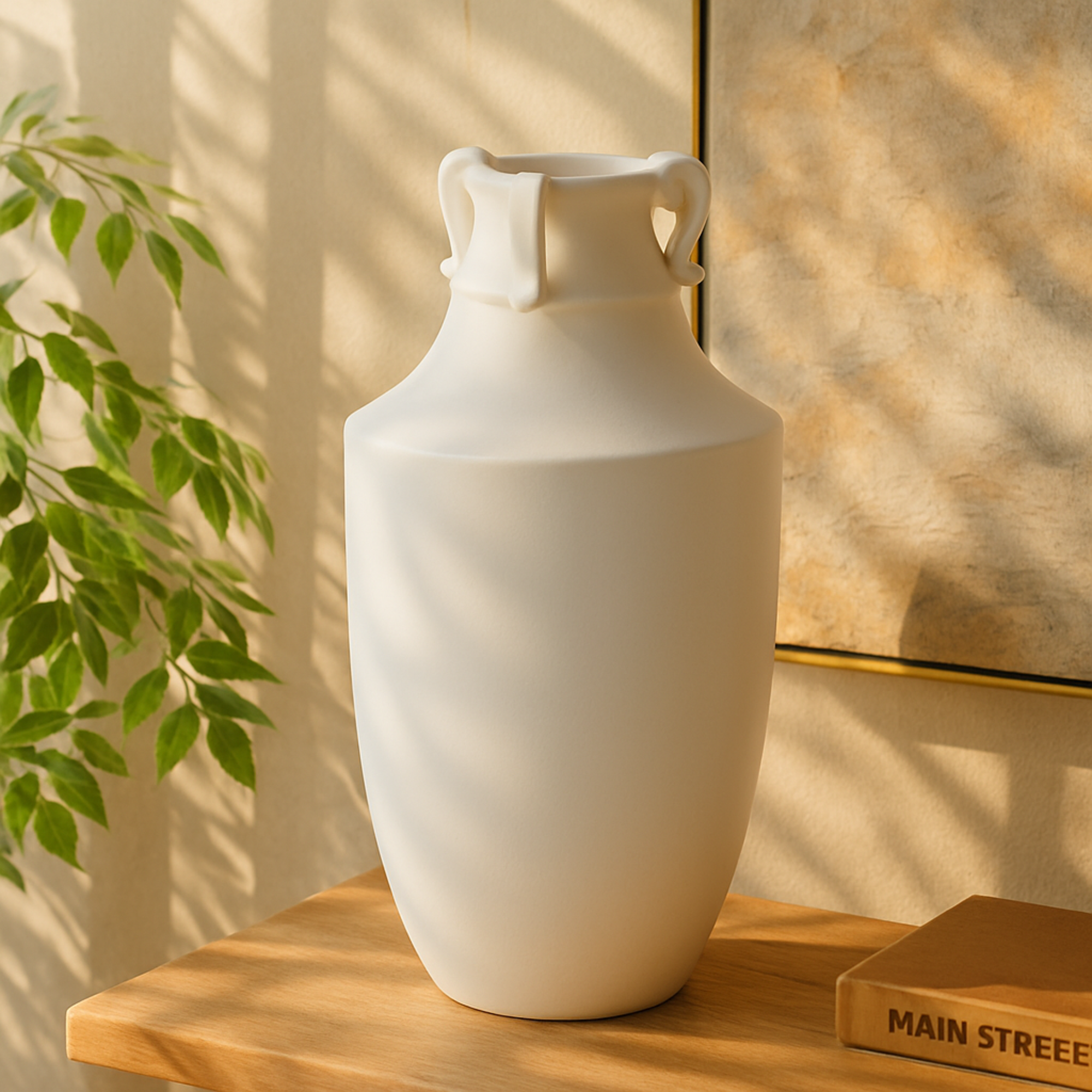 Scroll White Ceramic Sleek Amphora Decorative Vase with Handles
