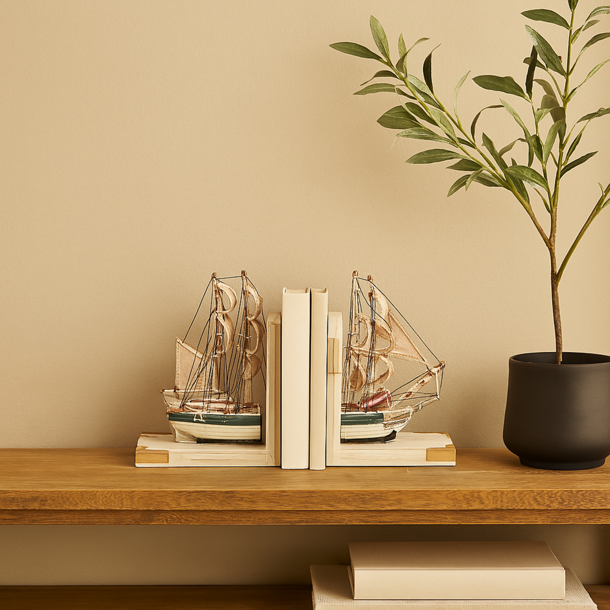 Set of 2 Sail Boat White Wood Decorative Bookends with Real Boat Rigging and Gold Corners