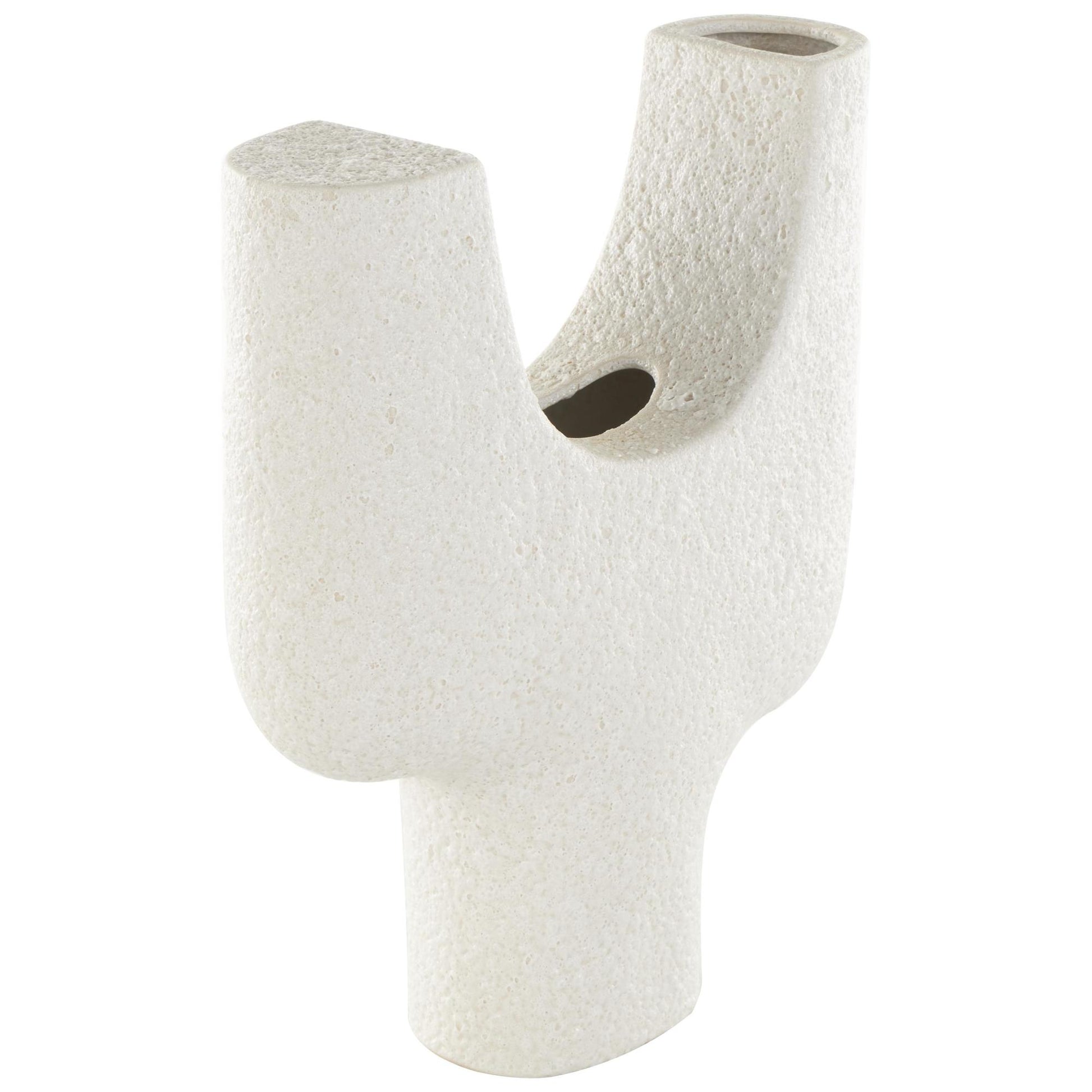 Abstract White Ceramic Curved Decorative Vase with Dual Openings and Speckled Texturing