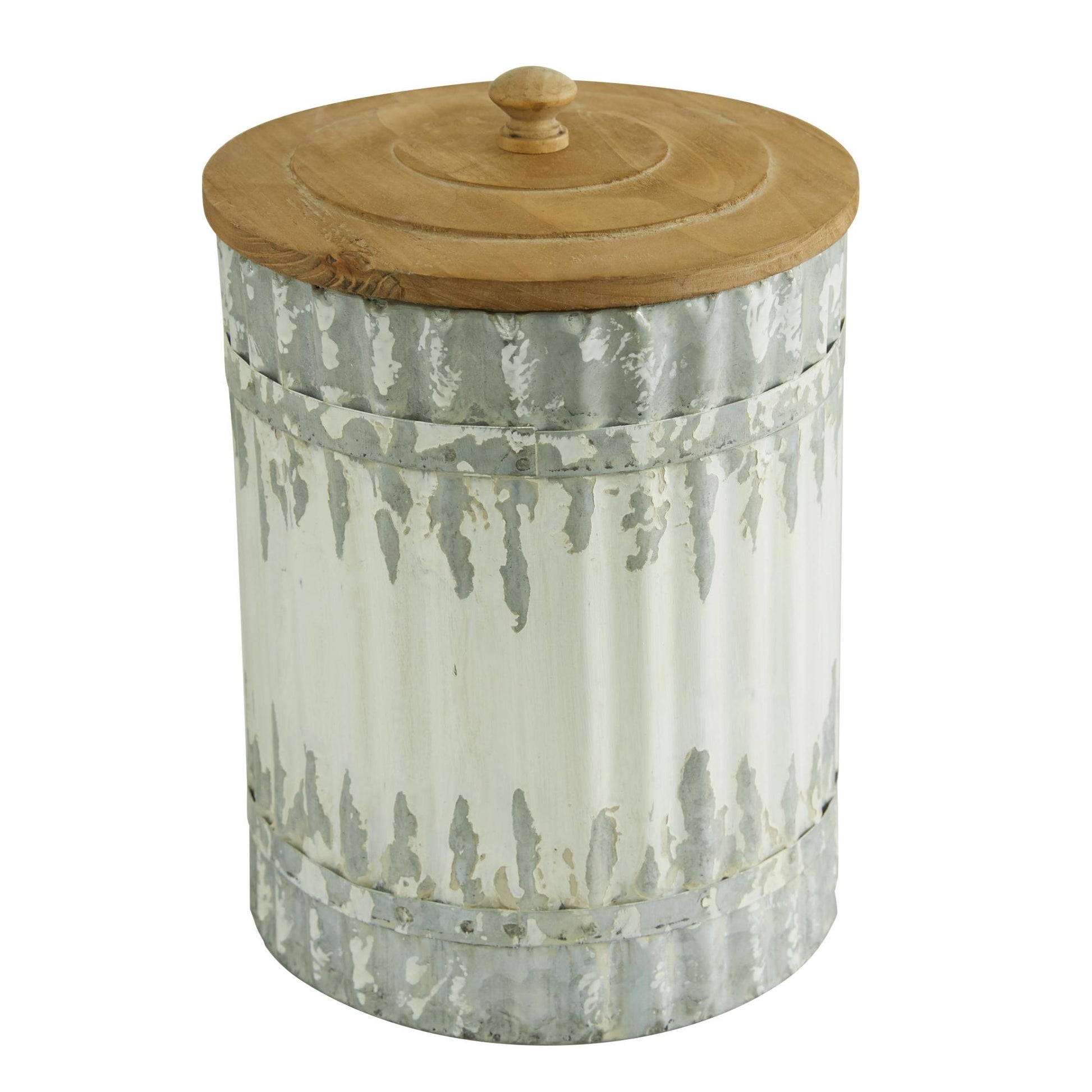 Set of 3 White Metal Distressed Living Room Decorative Jars with Wood Lids