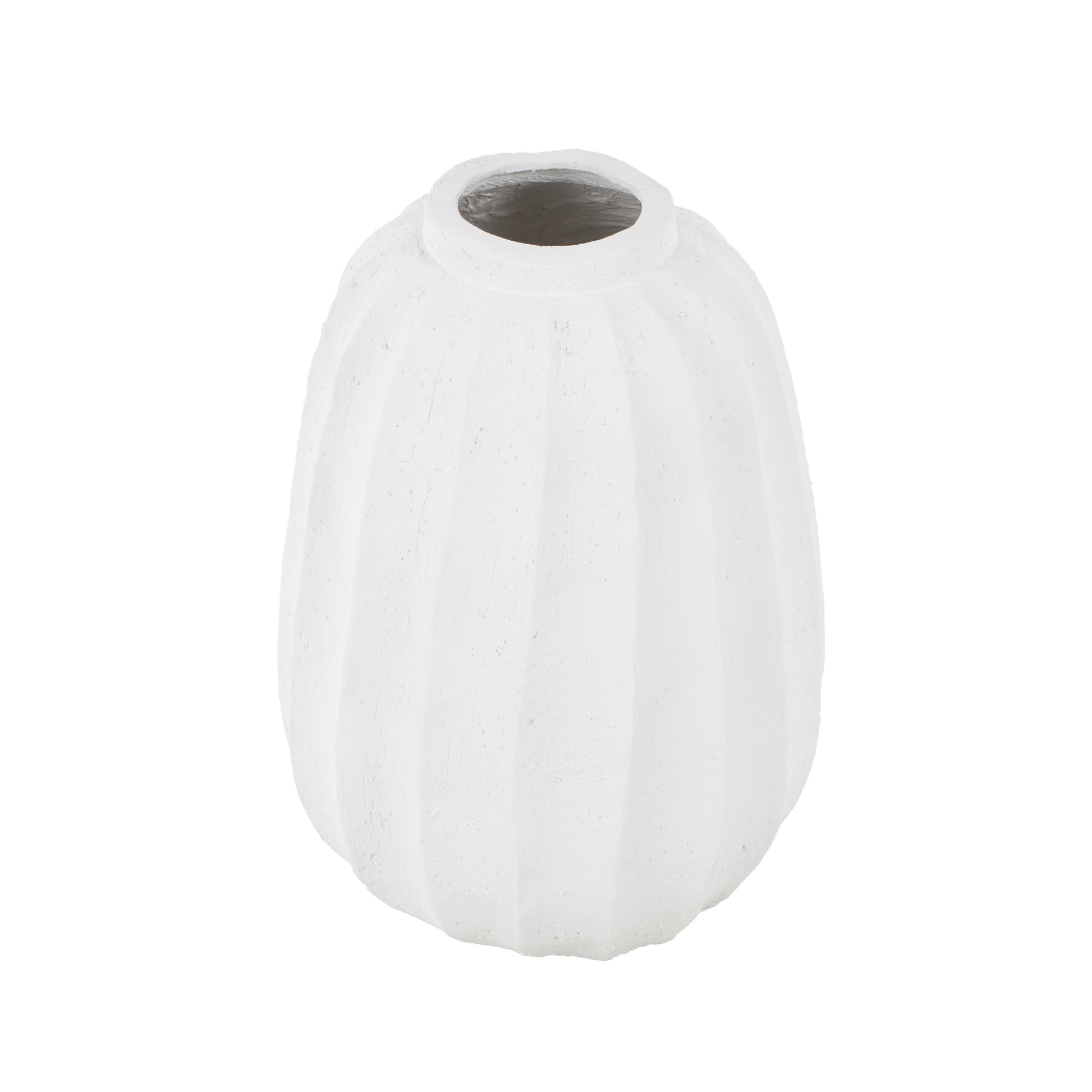 White Magnesium Oxide Wide Decorative Vase with Carved Grooves