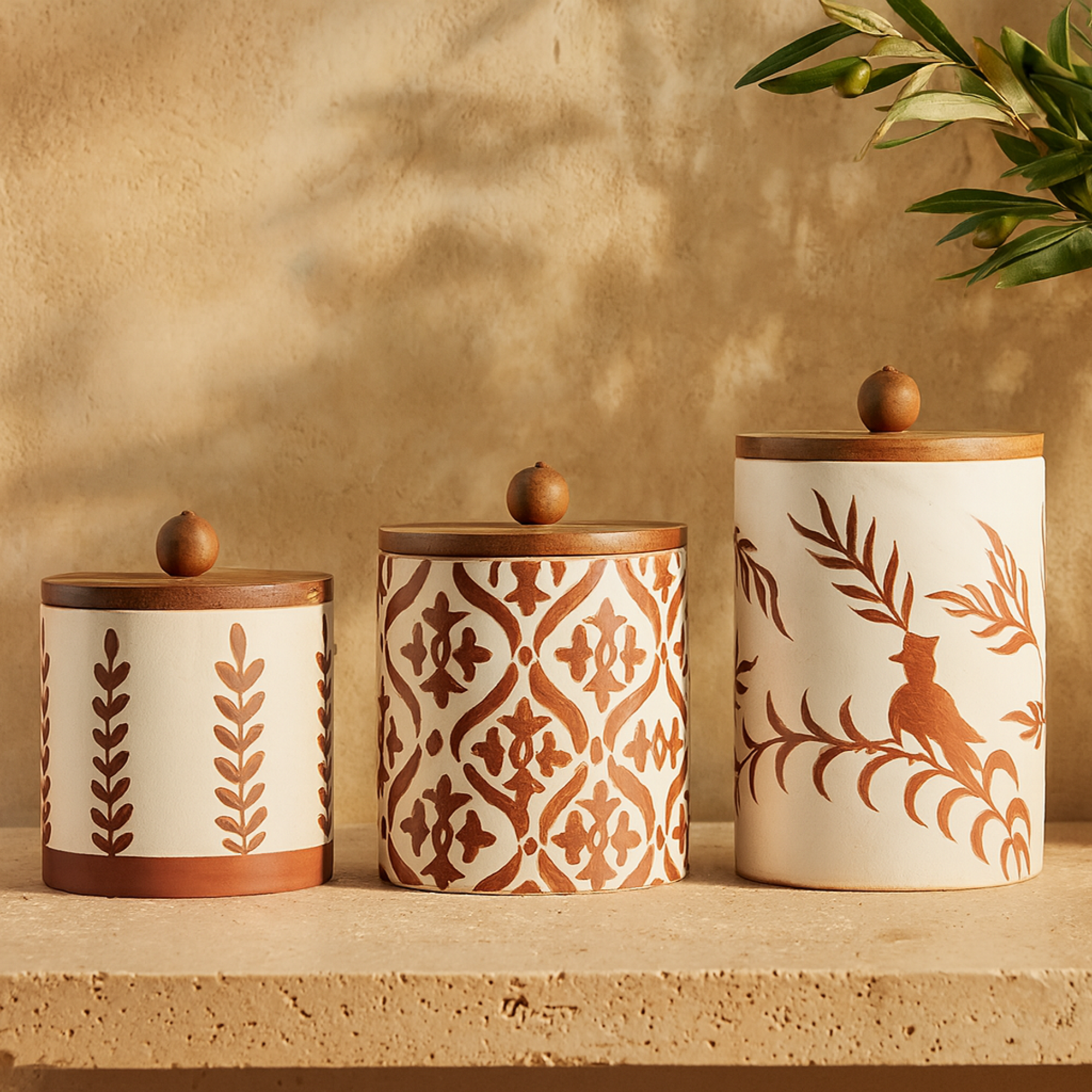 Set of 3 Floral Ceramic Decorative Canisters with Wood Lids