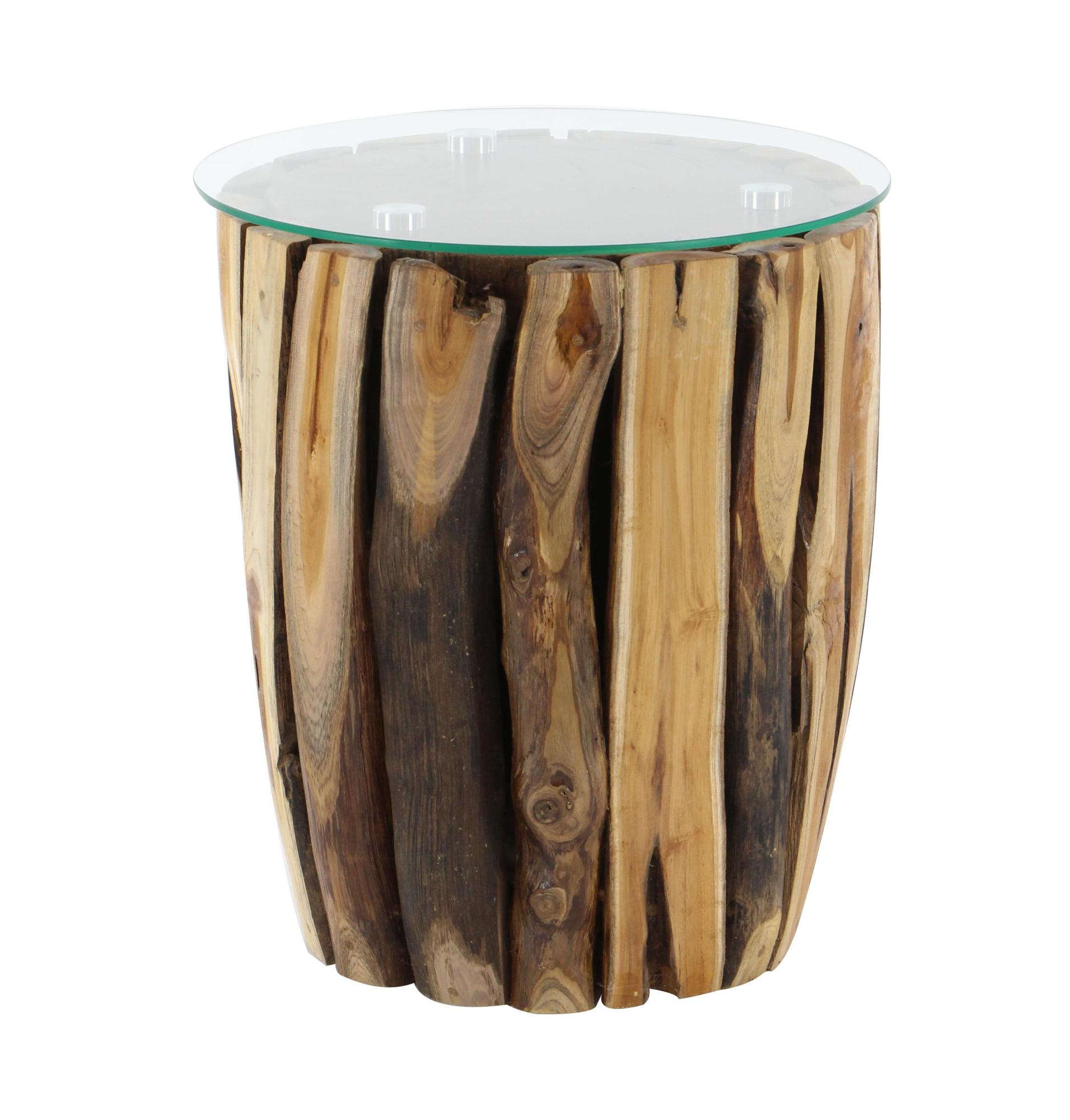 Brown Teak Wood Handmade Live Edge Tree Branch Side End Accent Table with Clear Glass Top