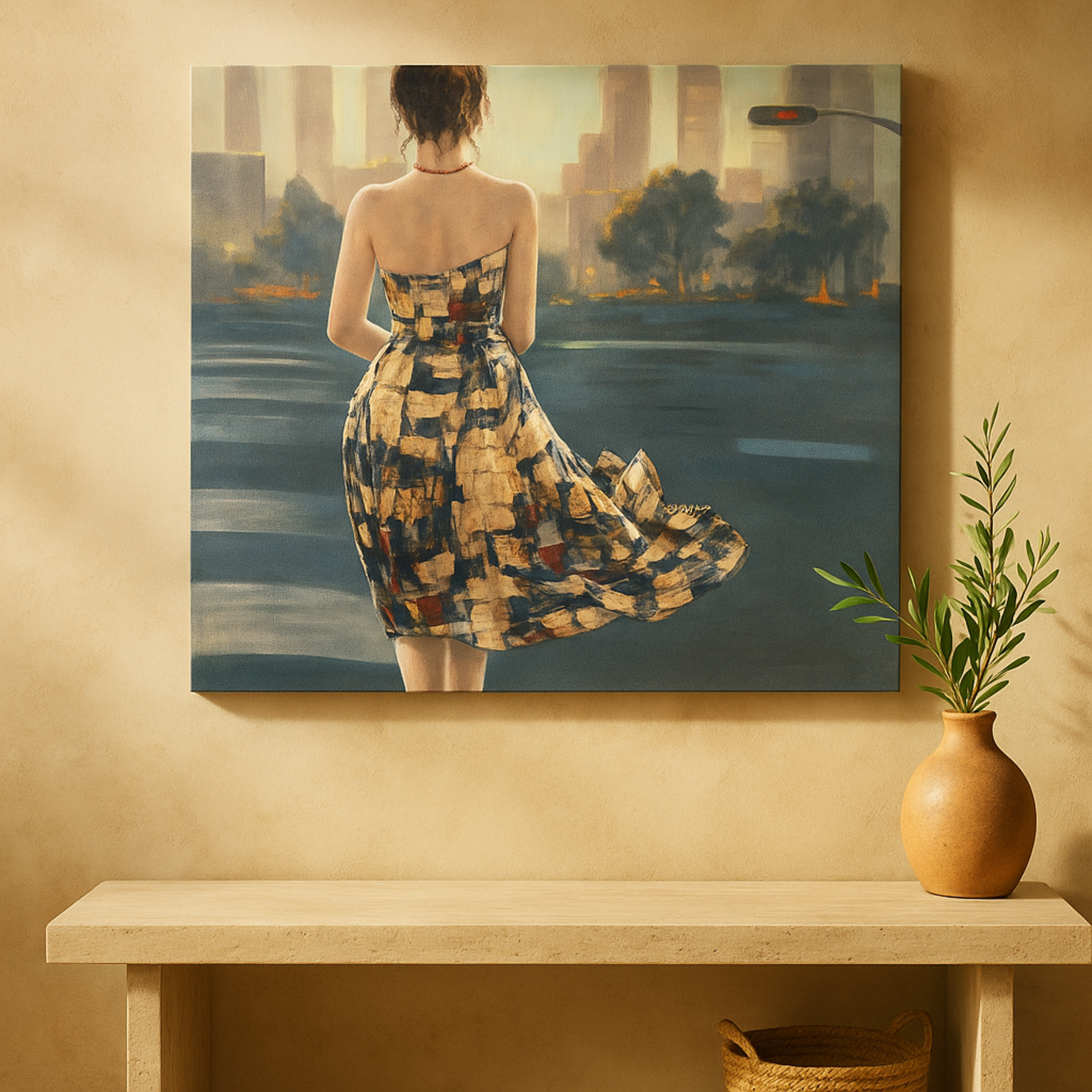 Woman Multi Colored Canvas Decorative Wall Art with 3D Multicolor Fabric Dress and Pink Necklace