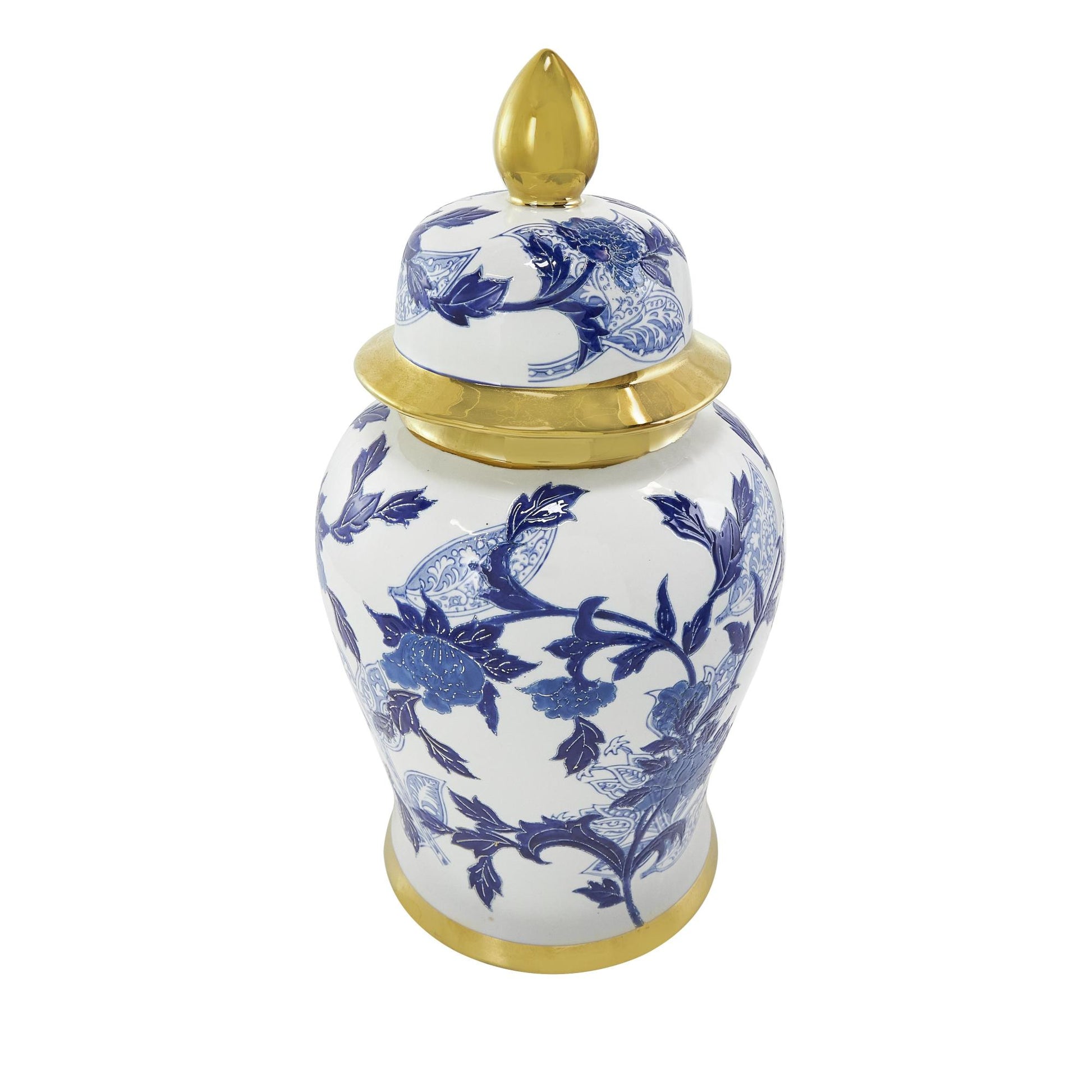 Floral Blue Ceramic Living Room Decorative Jars with Cream and Gold Accents