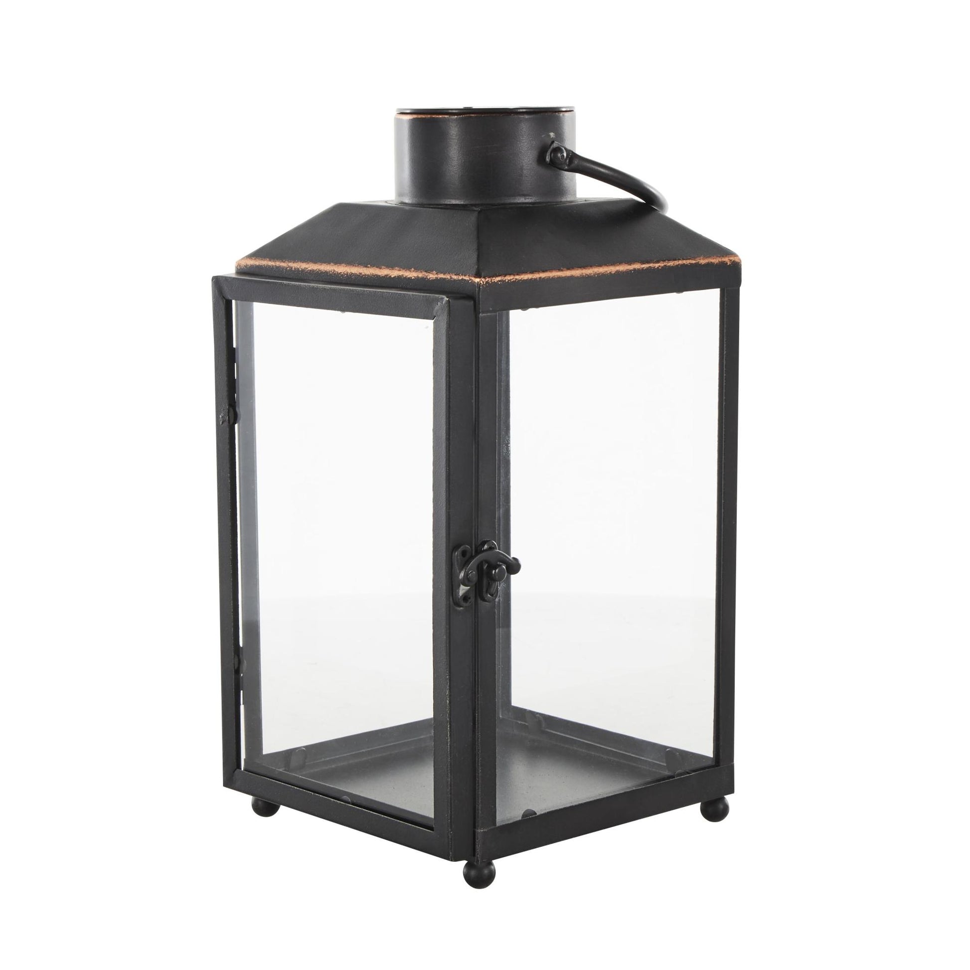 Black Metal Modern Indoor Outdoor Candle Lantern with Gold Accents