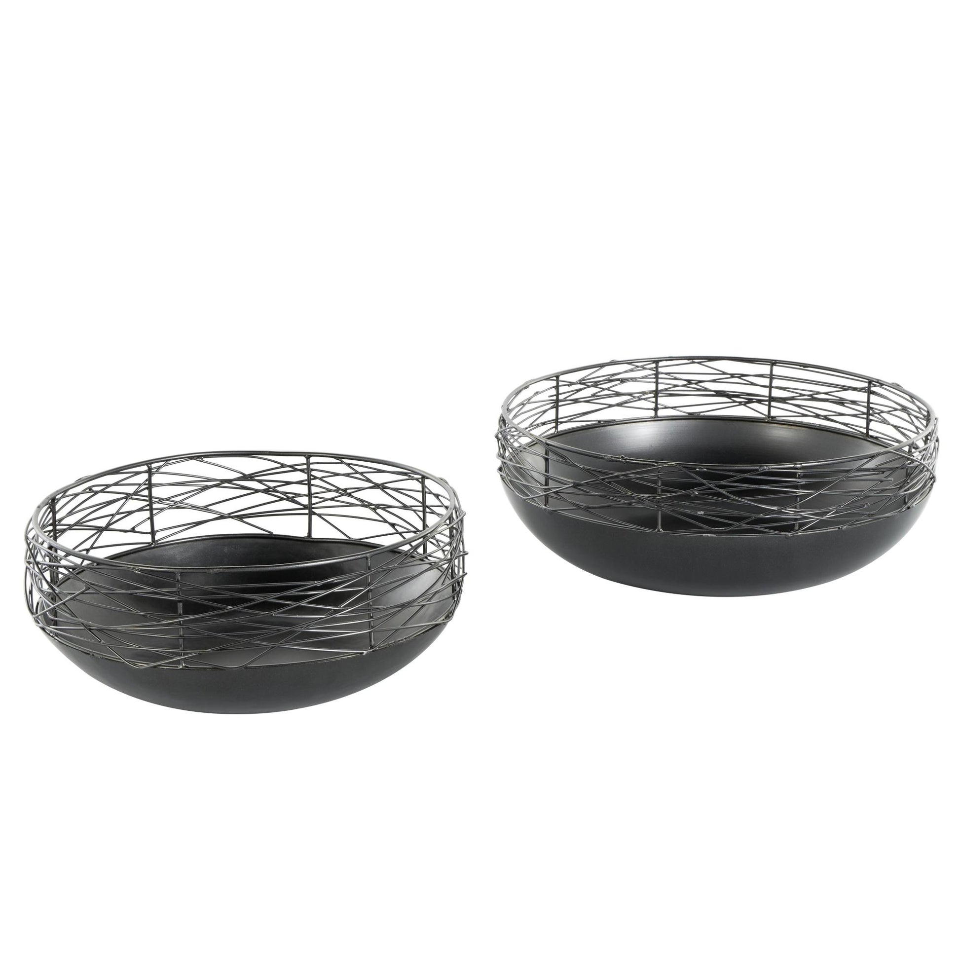 Set of 2 Abstract Black Metal Intertwined Wire Large Decorative Bowl with Solid Matte Base