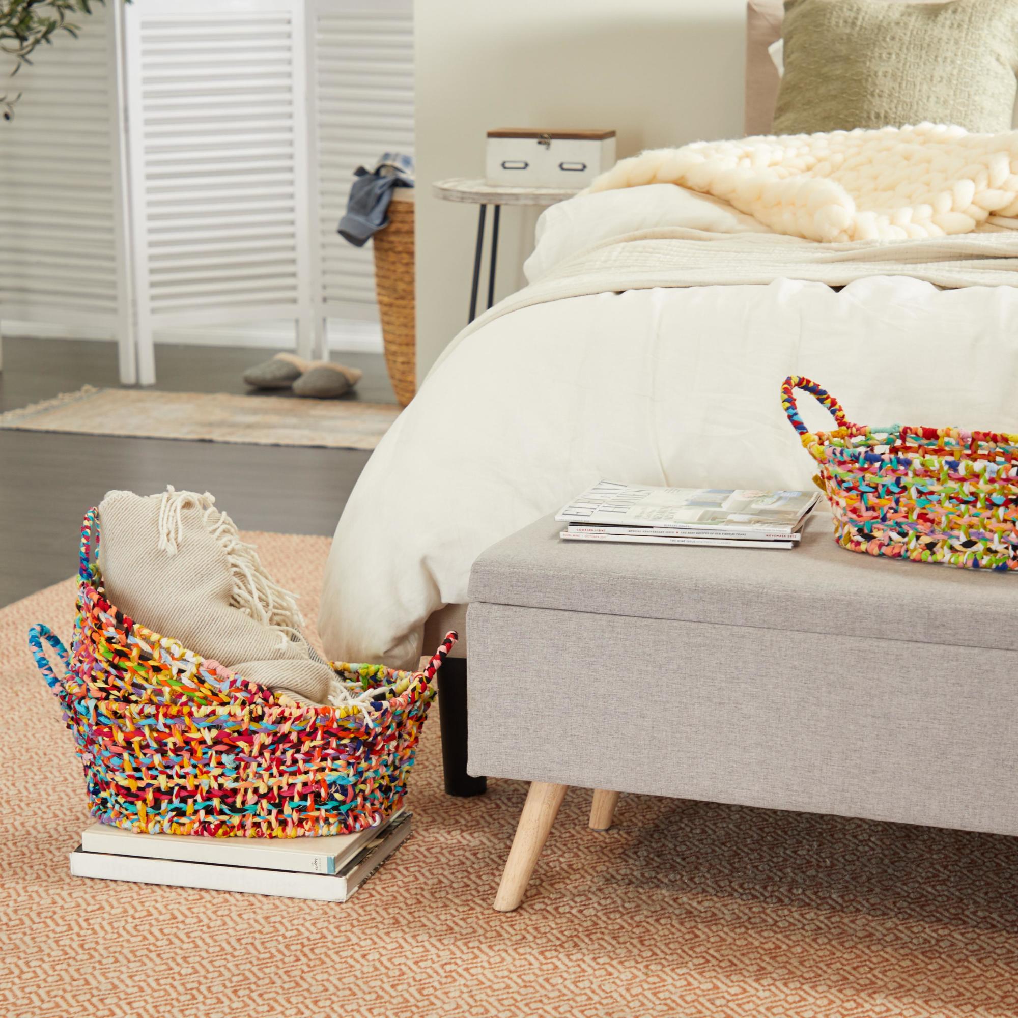 Set of 3 Cotton Fabric Handmade Decorative and Functional Storage Basket with Handles