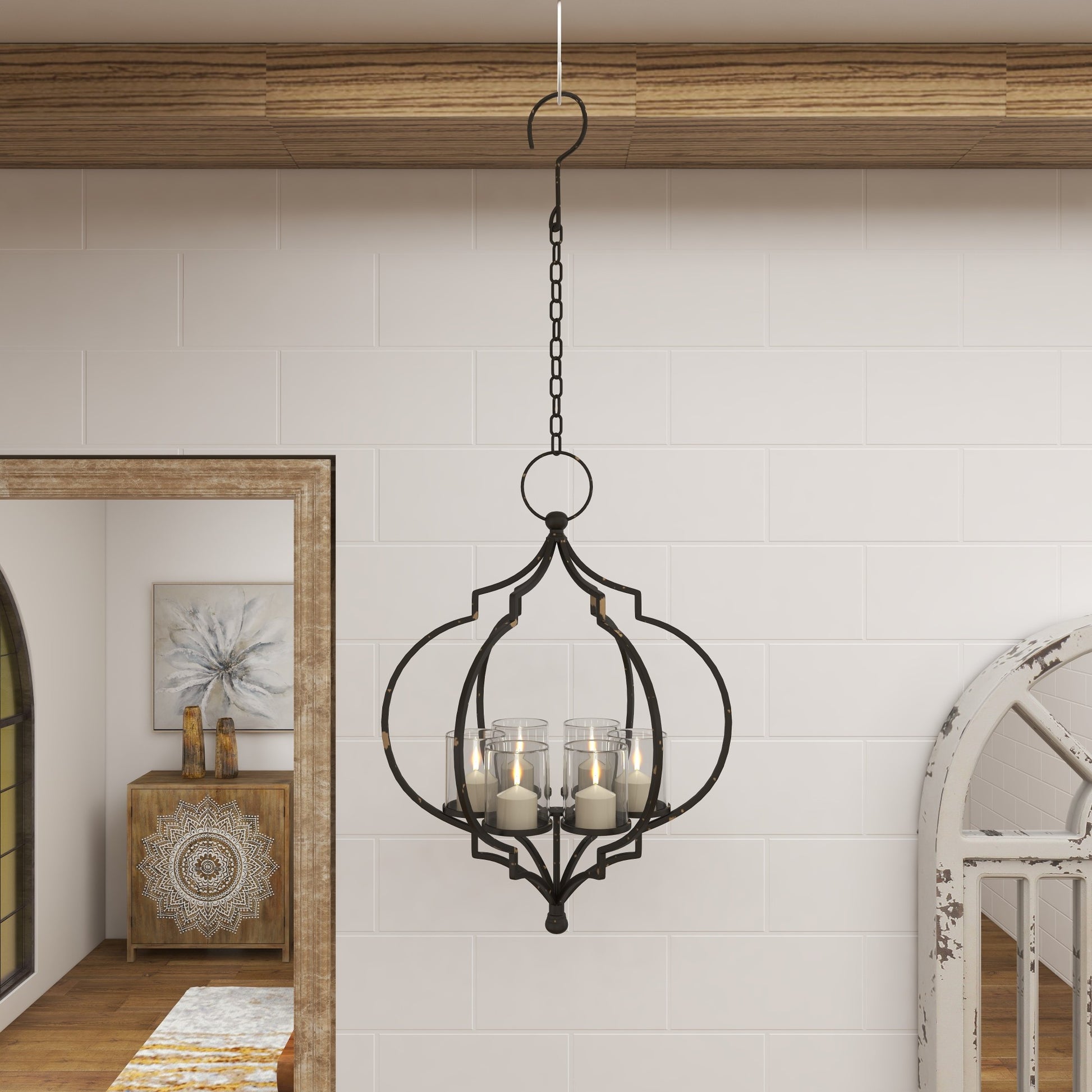 Black Metal Open Caged Hanging 6 Slot Decorative Candelabra with Distressing and Hook