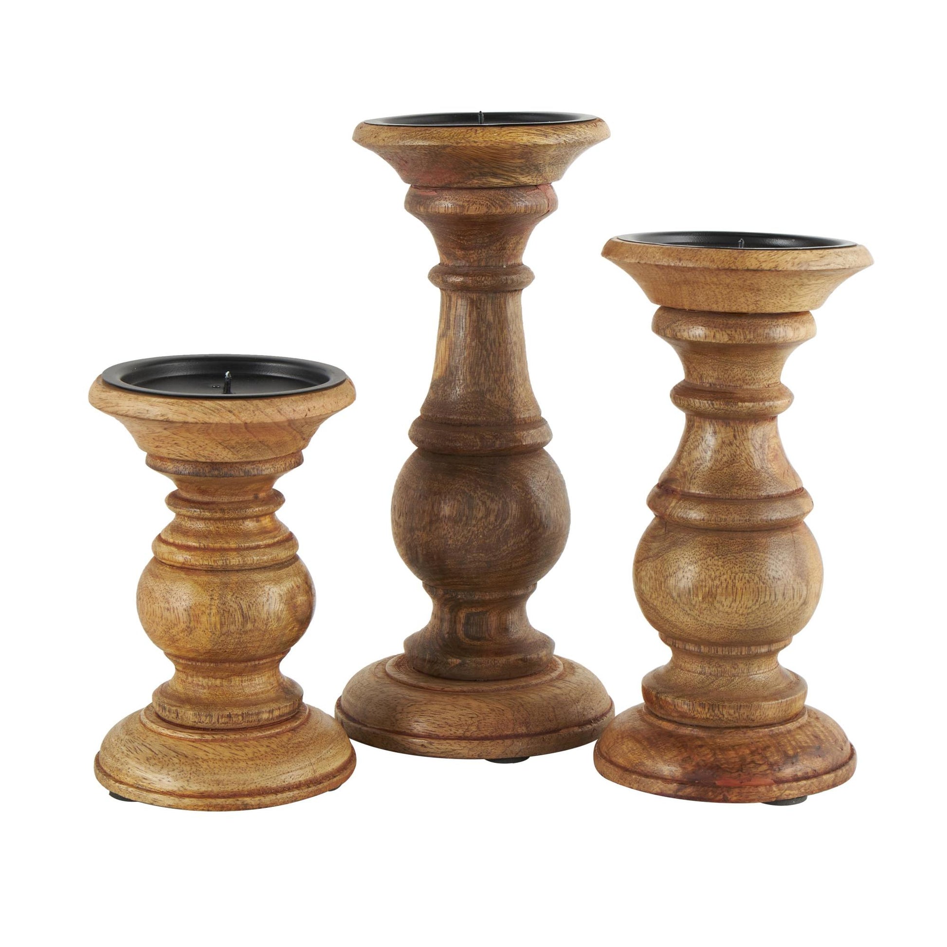 Set of 3 Mango Wood Distressed Turned Pillar Decorative Candle Holder