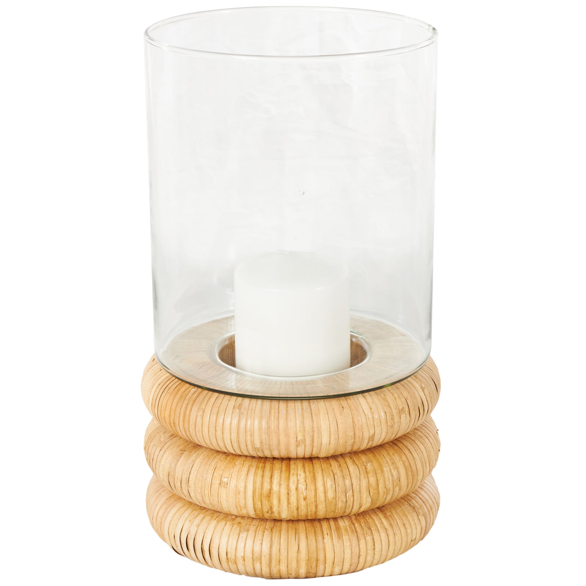 Clear Glass Round Room Hurricane Lamp with Light Brown Woven Base