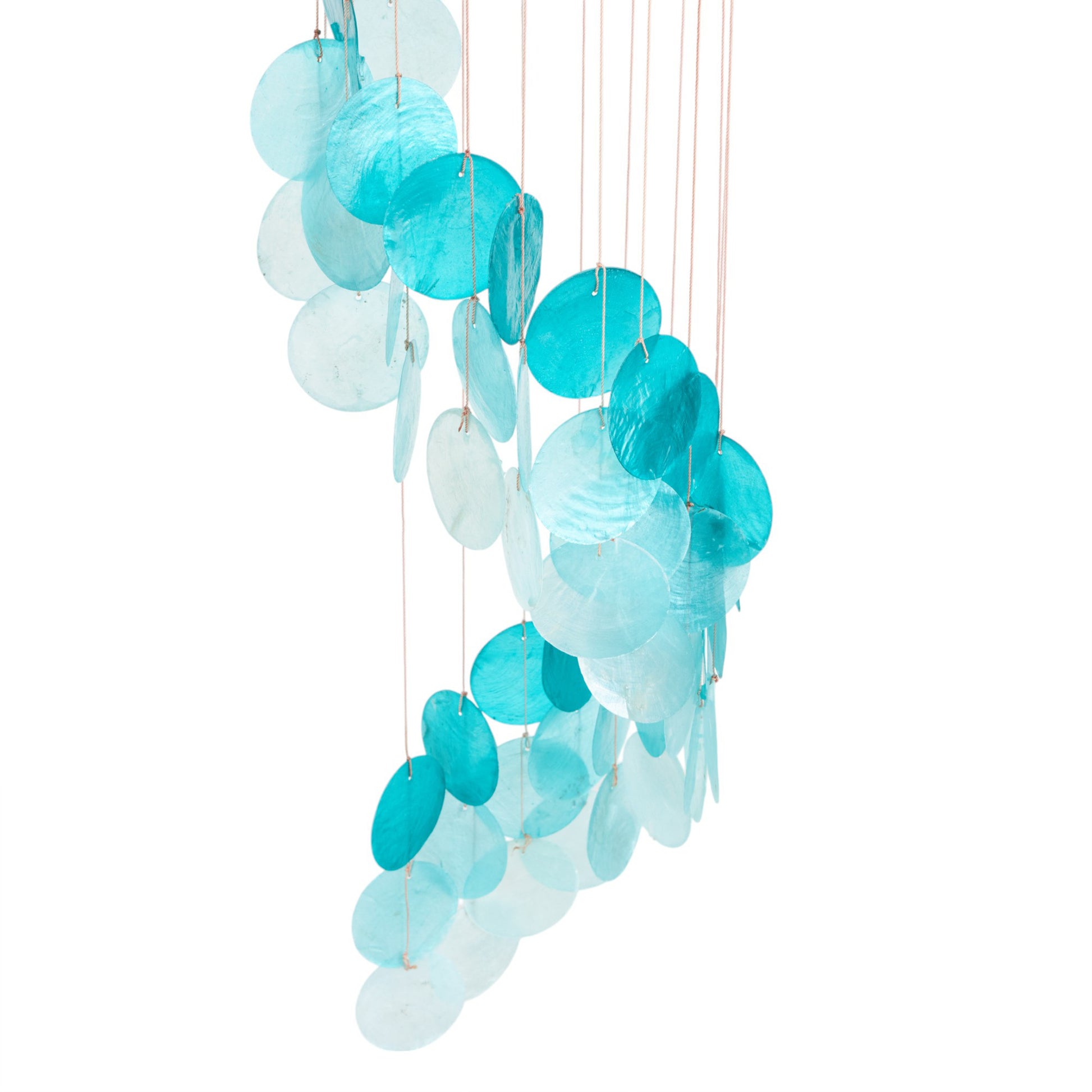 Geometric Teal Capiz Shell Waterfall Indoor Outdoor Windchime with Silver Ring