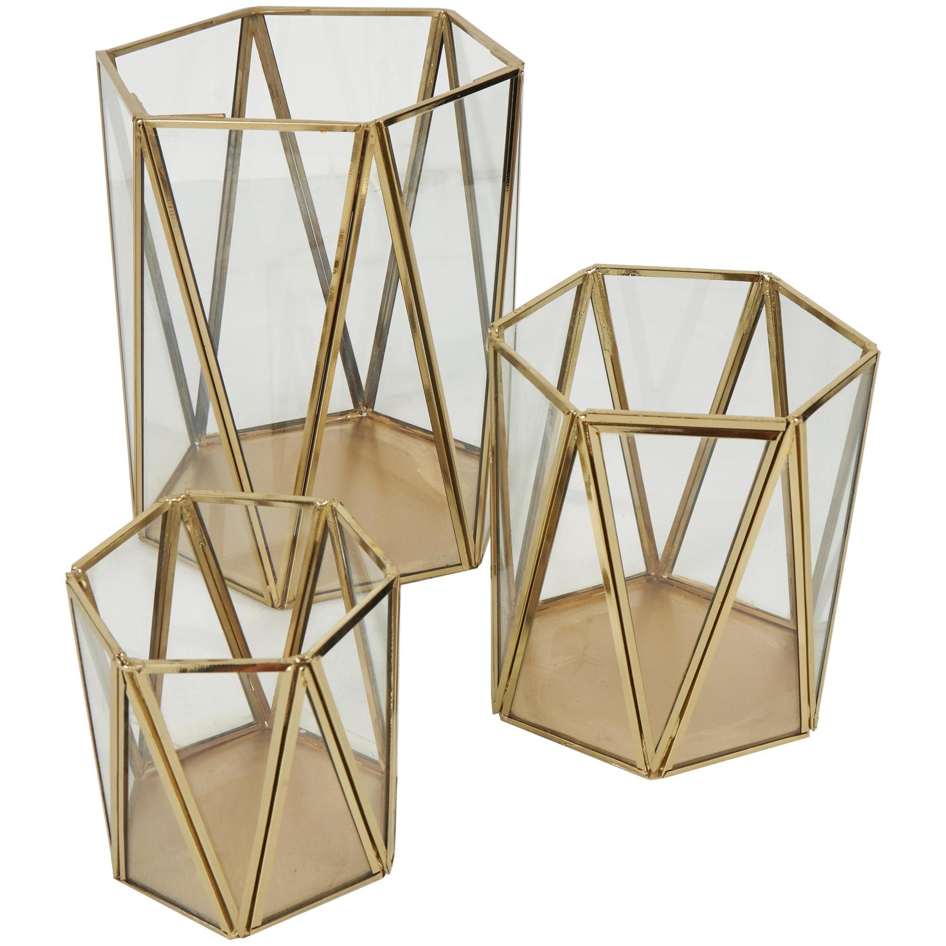 CosmoLiving by Cosmopolitan Set of 3 Geometric Gold Metal Triangle Patterned Hexagon Indoor Outdoor Candle Lantern with Clear Glass