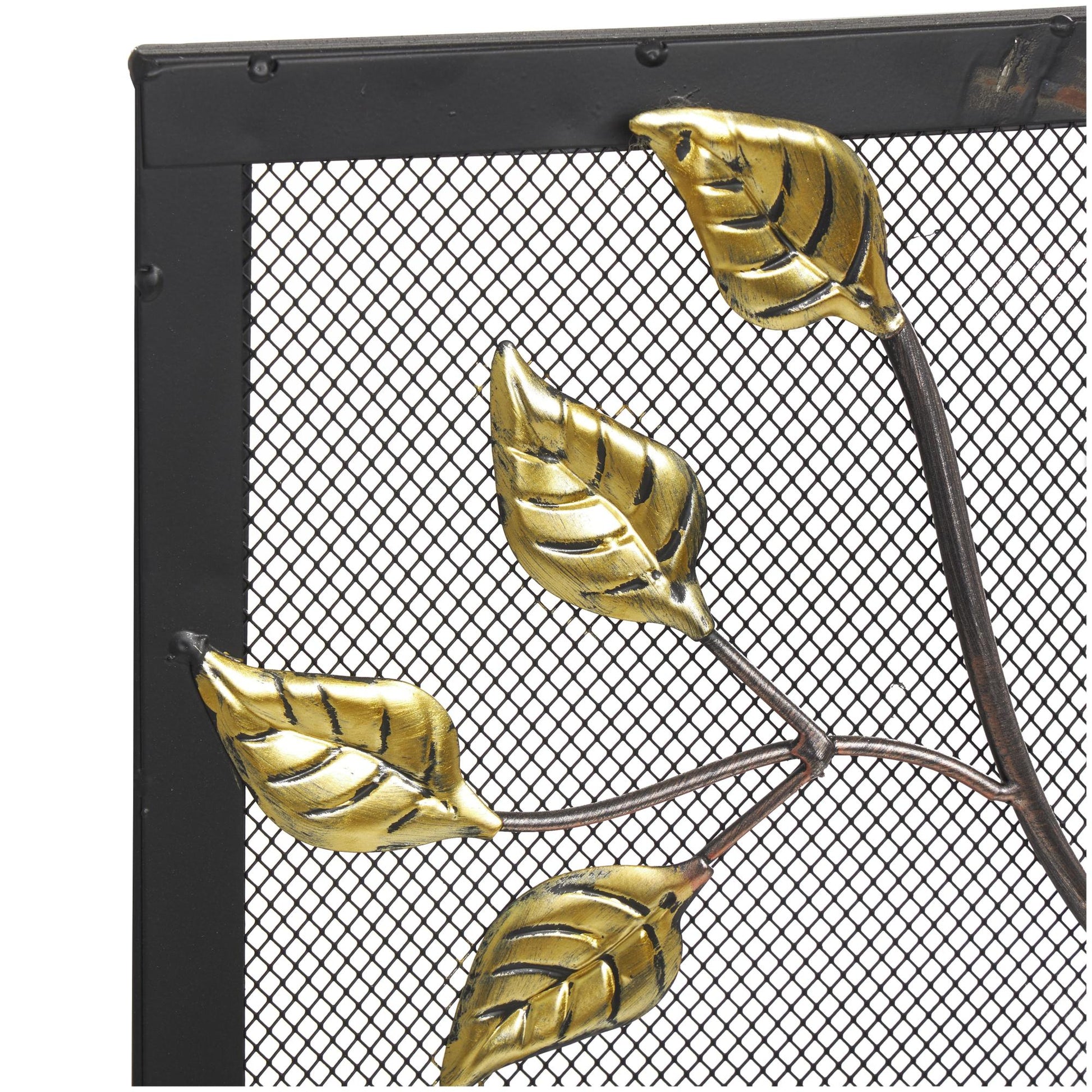 Tree Bronze Metal Sculpted Relief Single Panel Living Room Fireplace Screen with Curved Mesh Netting