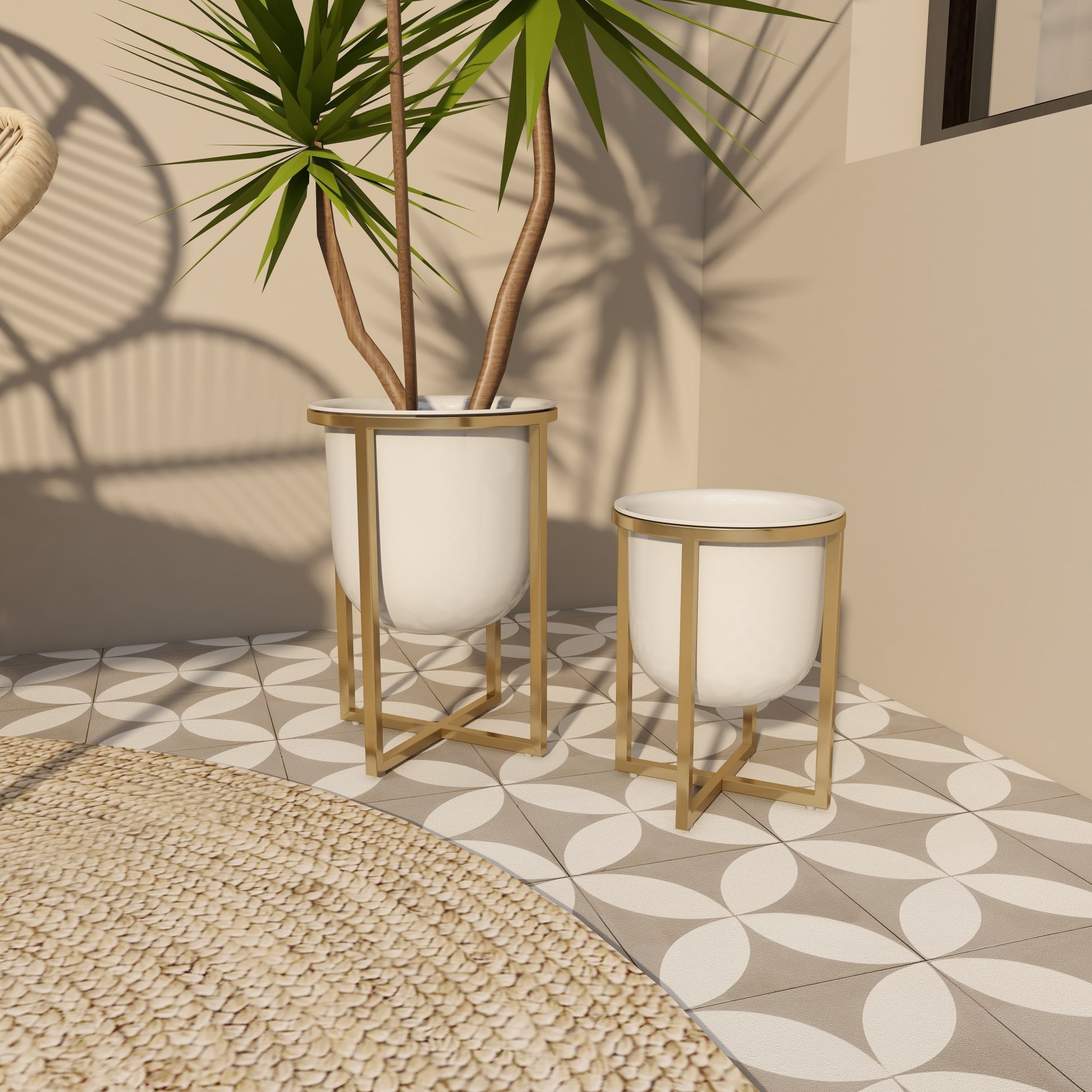 CosmoLiving by Cosmopolitan Set of 2 White Metal Dome Indoor Outdoor Planter with Gold X-Shaped Stands