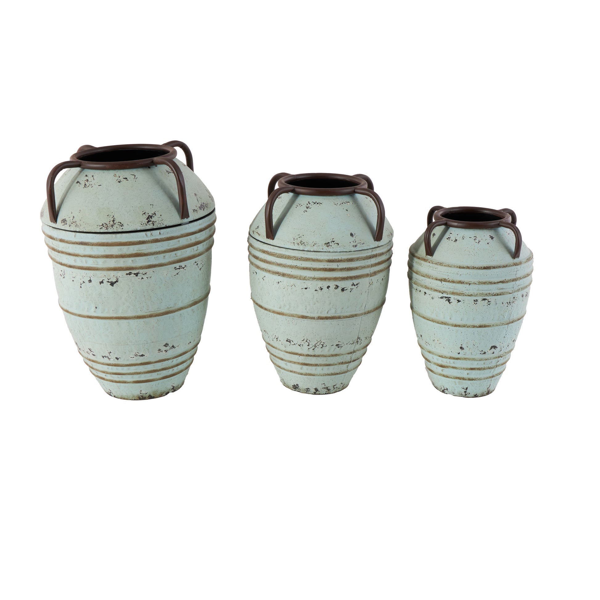 Set of 3 Blue Metal Distressed Decorative Vase with Handles