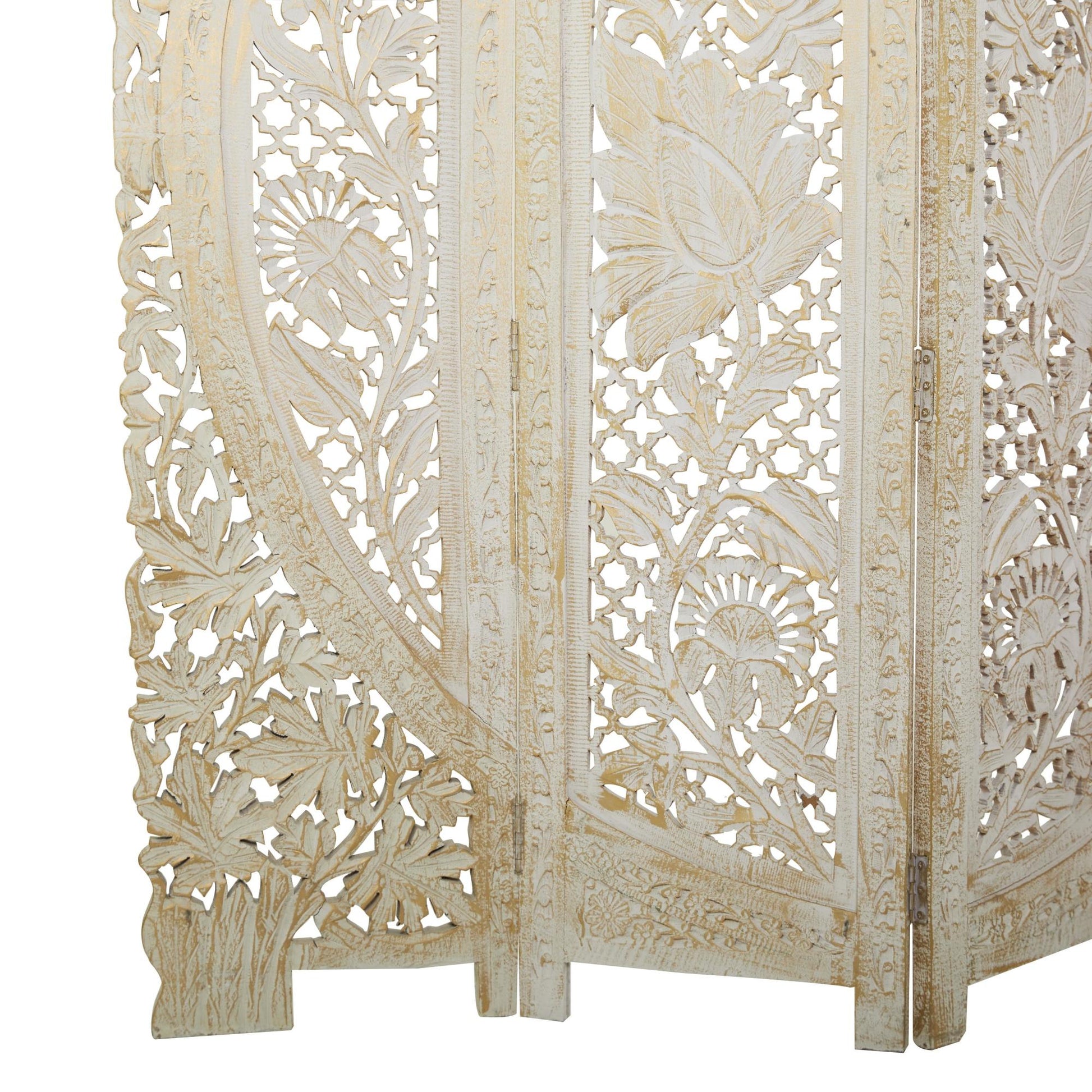 Floral White Wood Handmade Foldable Partition 4 Panel Partition Room Divider Screen with Carved Designs