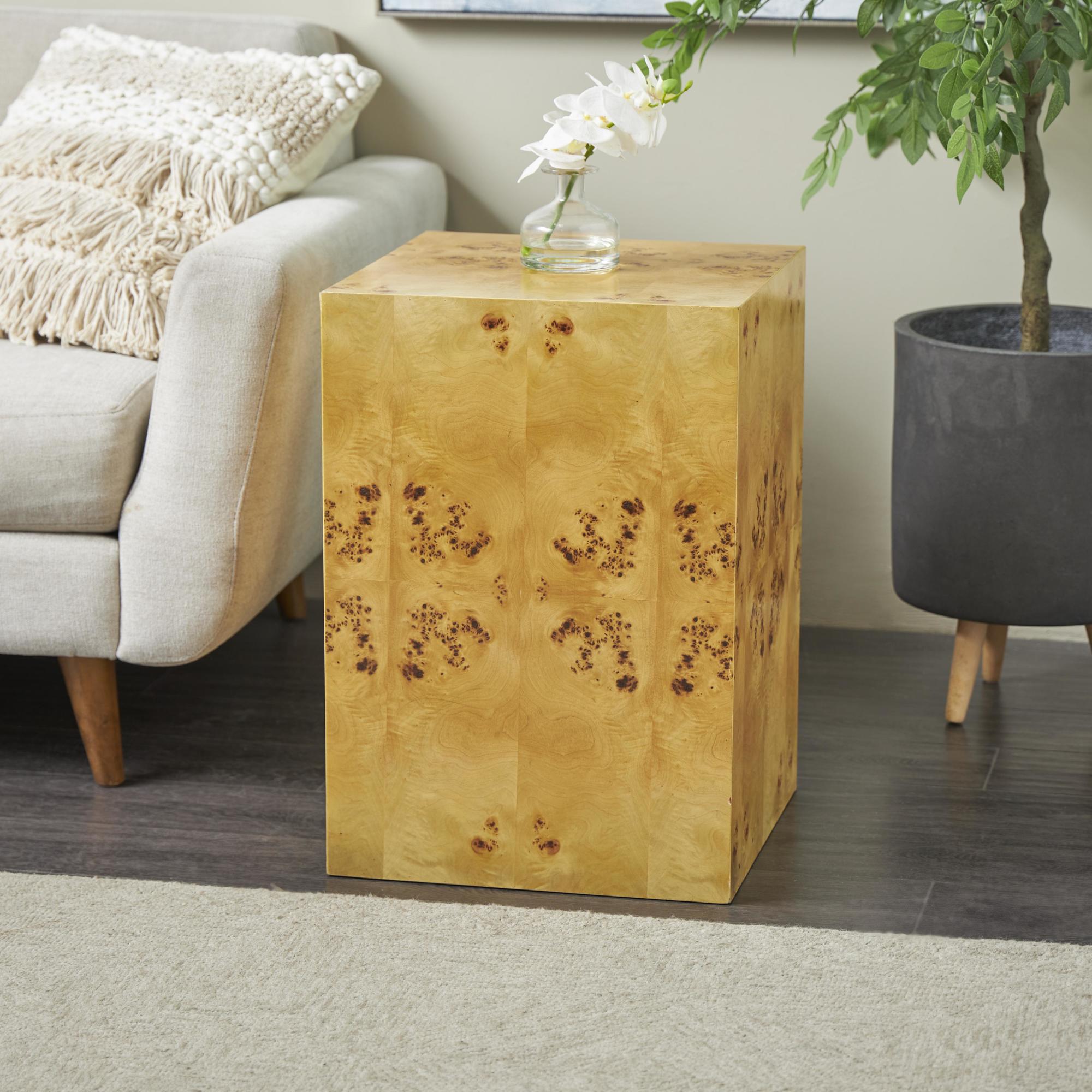 Brown Wood Square Cube Side End Accent Table with Wood Grain Patterns