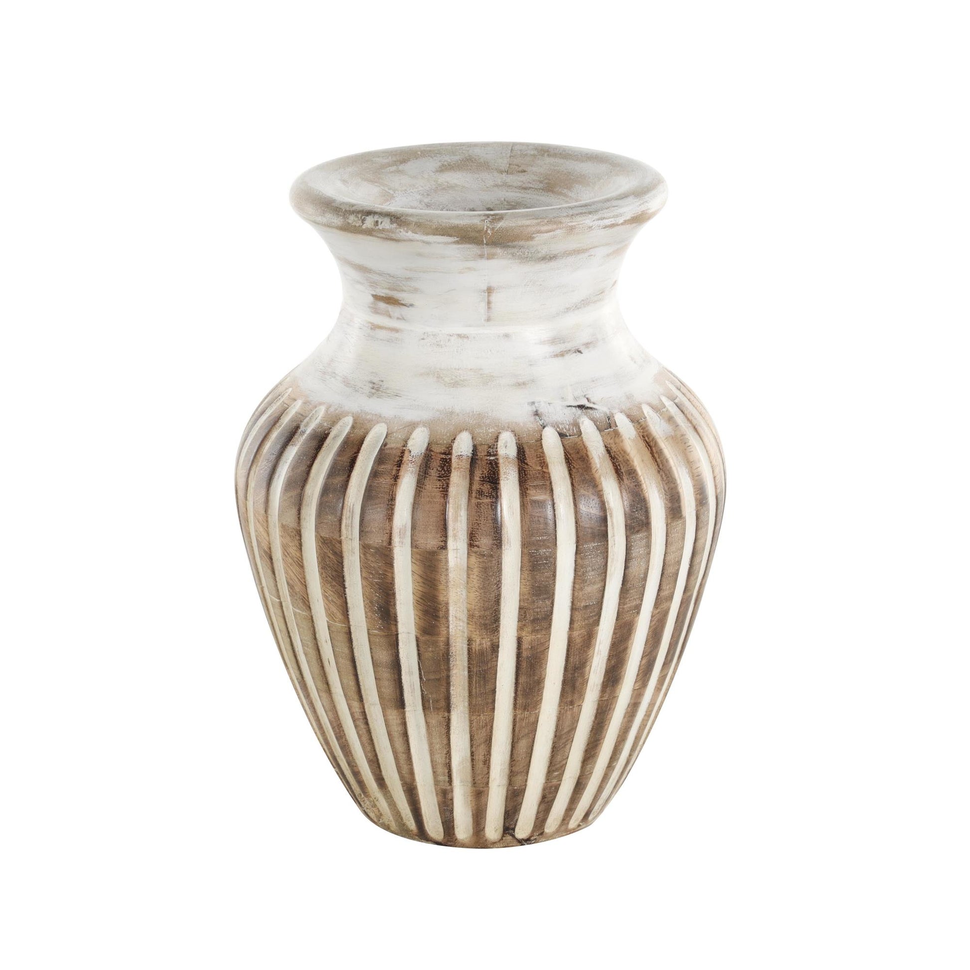 Brown Mango Wood Distressed Decorative Vase with Carved Grooves