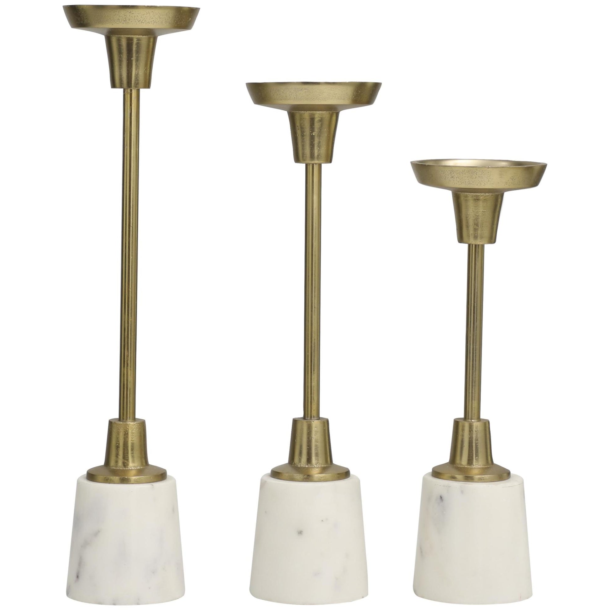 Set of 3 Gold Aluminum Metal Slim Decorative Candle Holder with White Marble Base