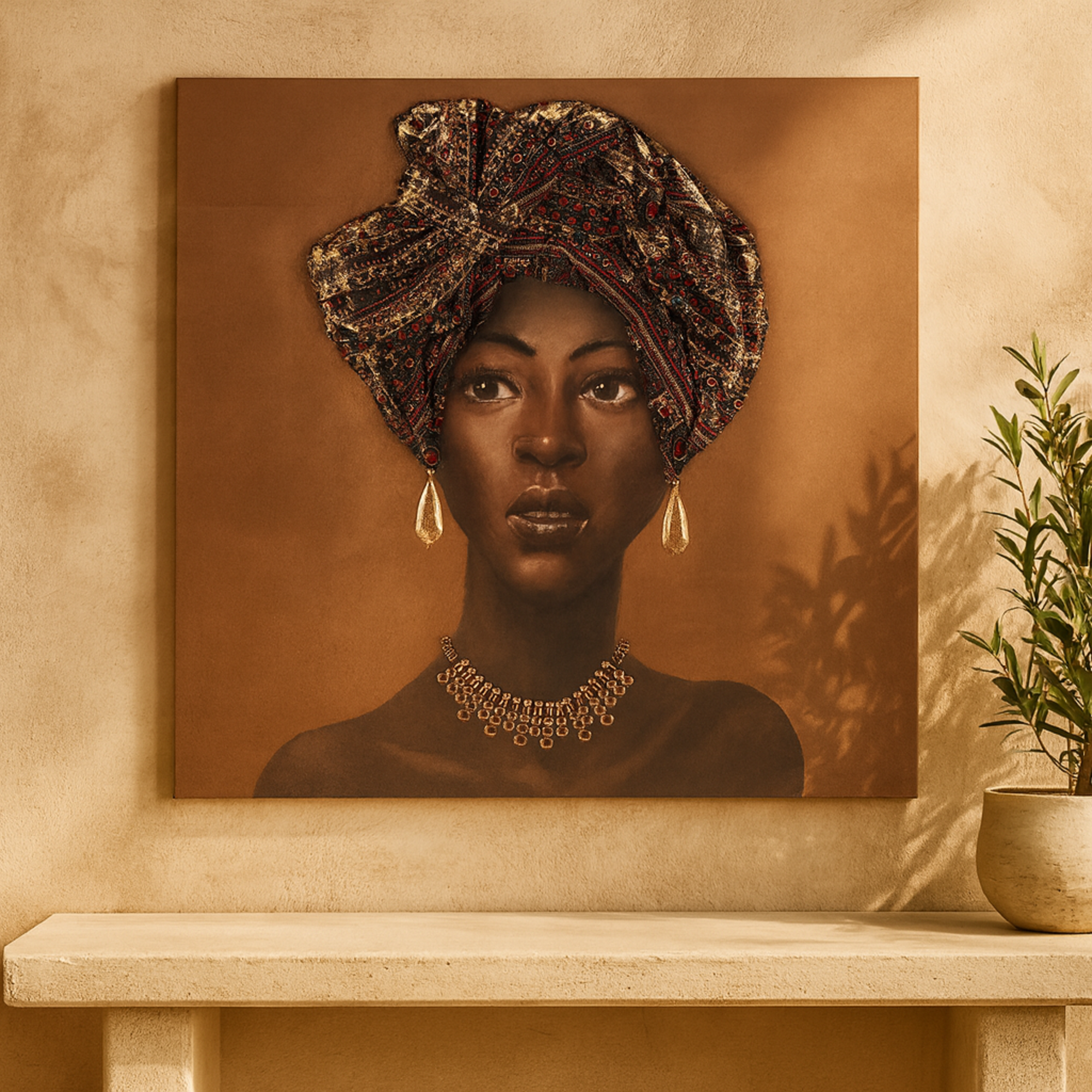 Woman Brown Canvas Decorative Wall Art with 3D Fabric Headwear And Gold Jewels
