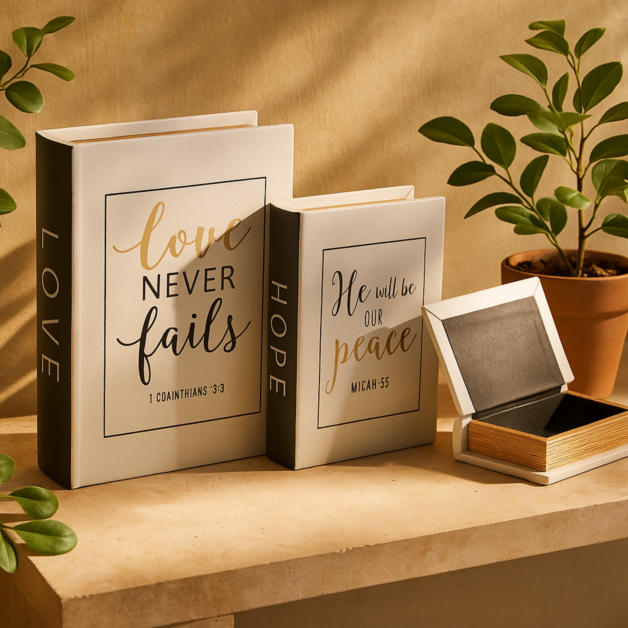 Set of 3 Text White Faux Leather Love, Hope, Faith Faux Book Storage Decorative Box