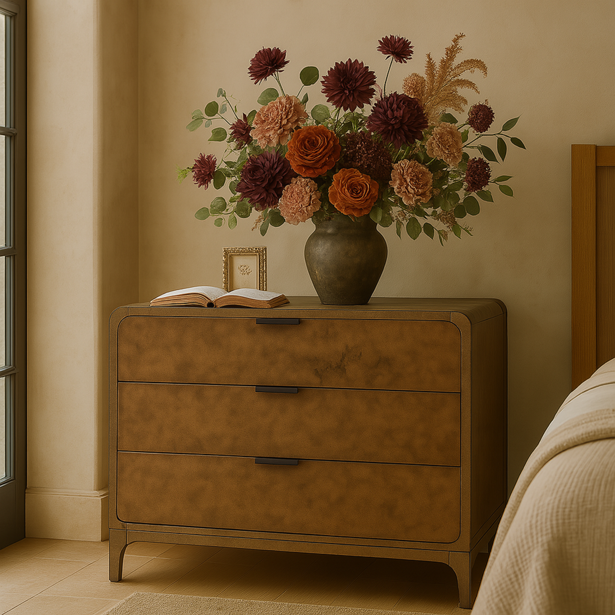 Brown Wooden 3 Drawer Room Dresser with Natural Wood Grains and Black Handles