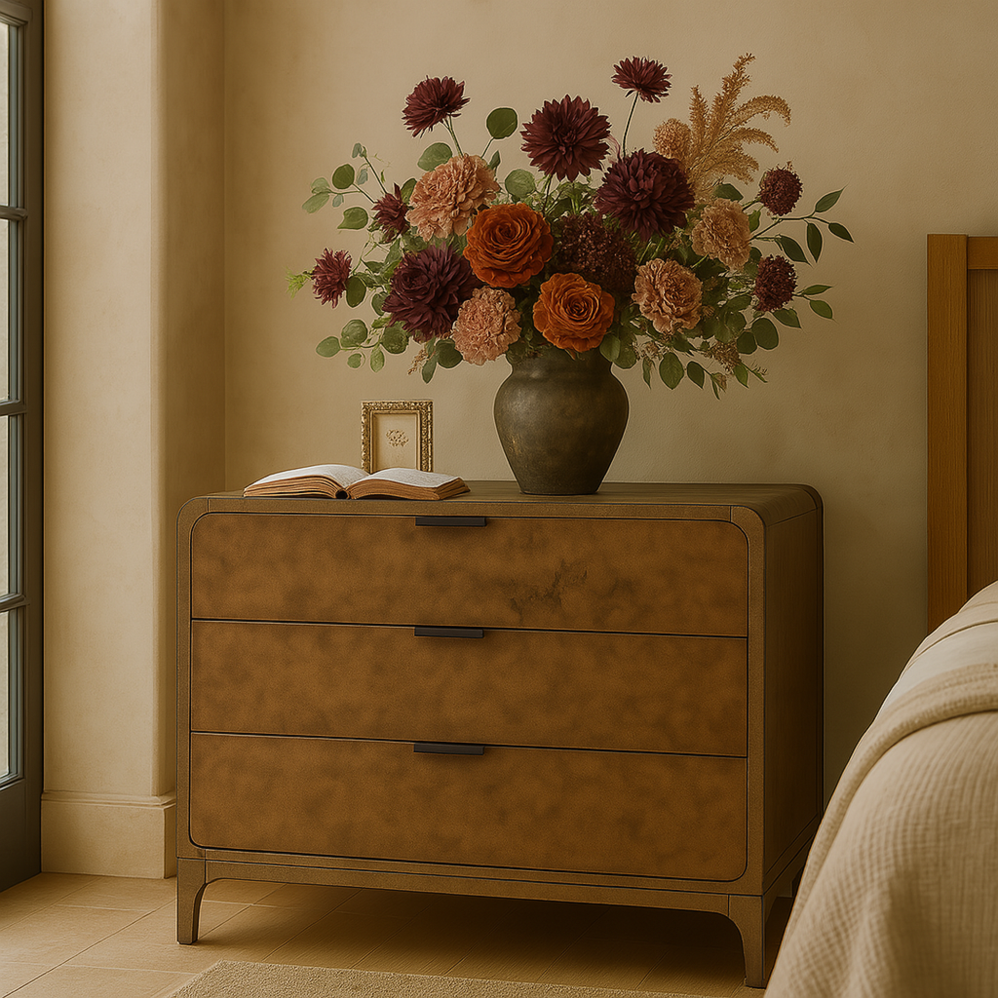 Brown Wooden 3 Drawer Room Dresser with Natural Wood Grains and Black Handles