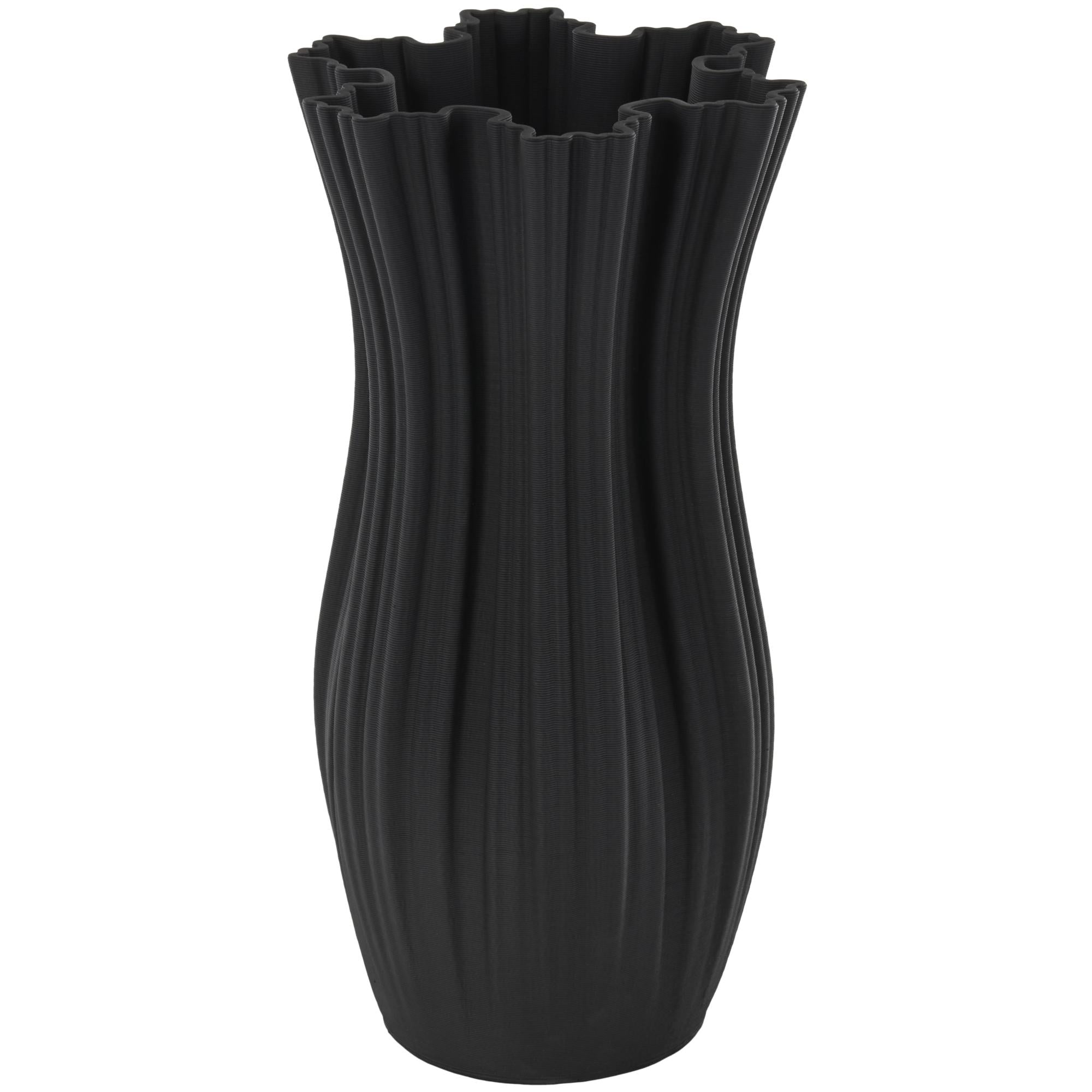 Abstract Black Ceramic Ribbed Tulip Inspired Decorative Vase with Floral Shaped Rim