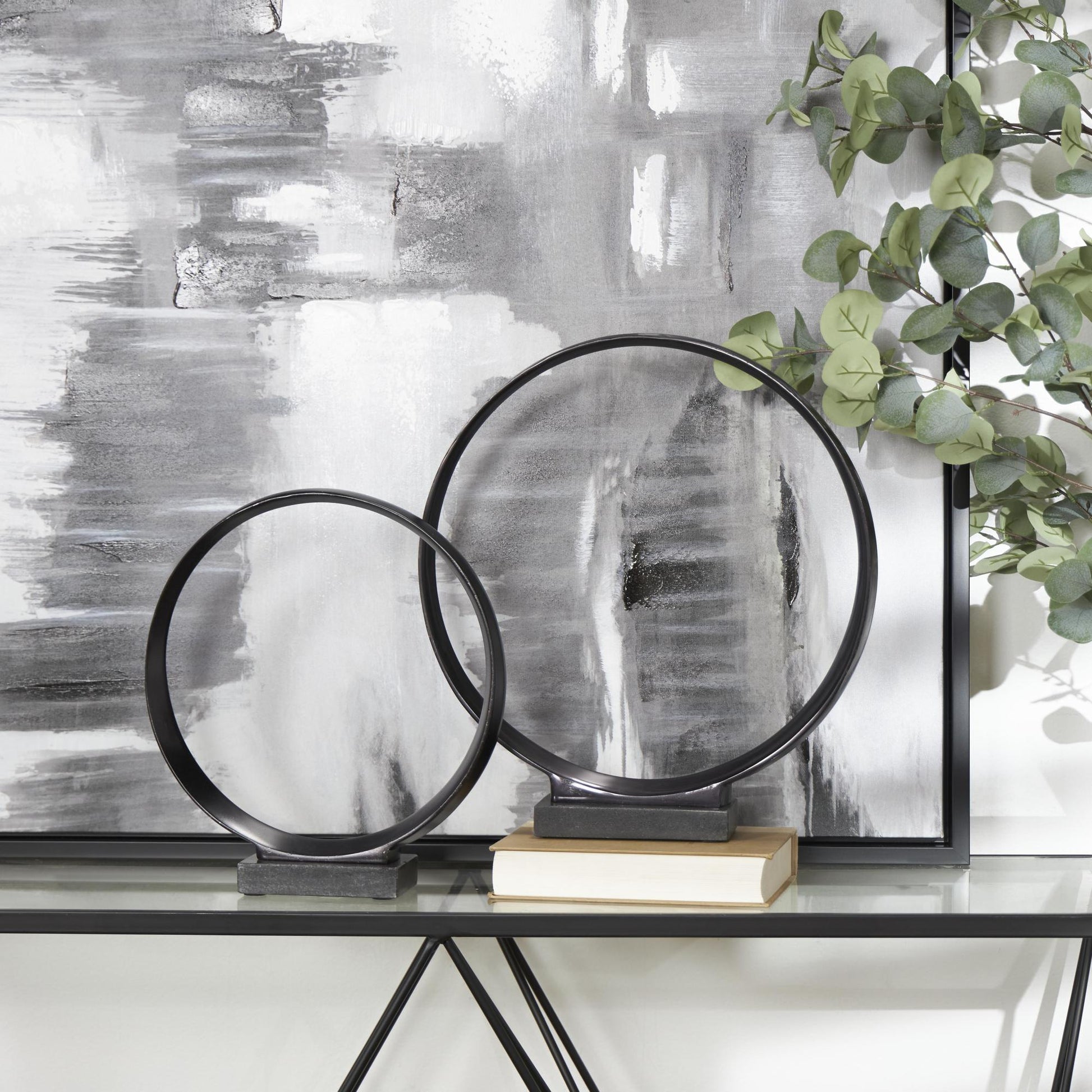 Set of 2 Geometric Aluminum Metal Decorative Sculpture with Marble Base