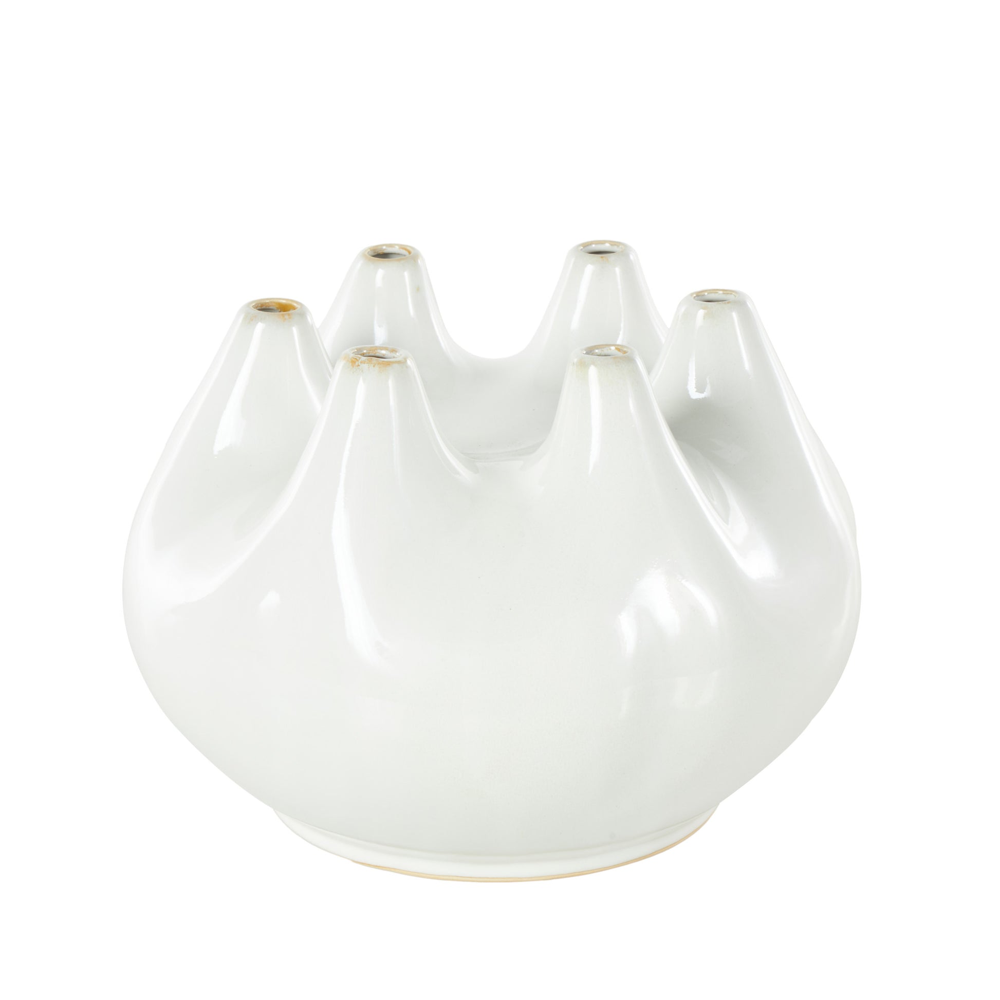 Abstract White Ceramic Round Wide Decorative Vase with Multiple Openings