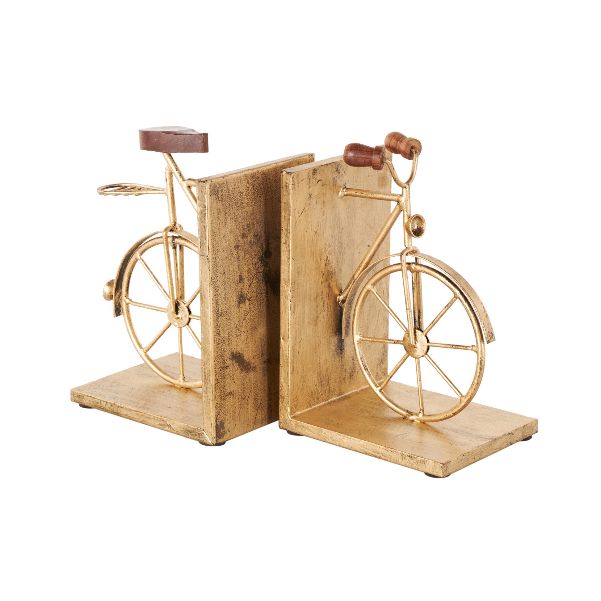 Set of 2 Bike Metal Vintage Inspired Decorative Bookends with Wood Accents Set of 2 7"W, 9"H