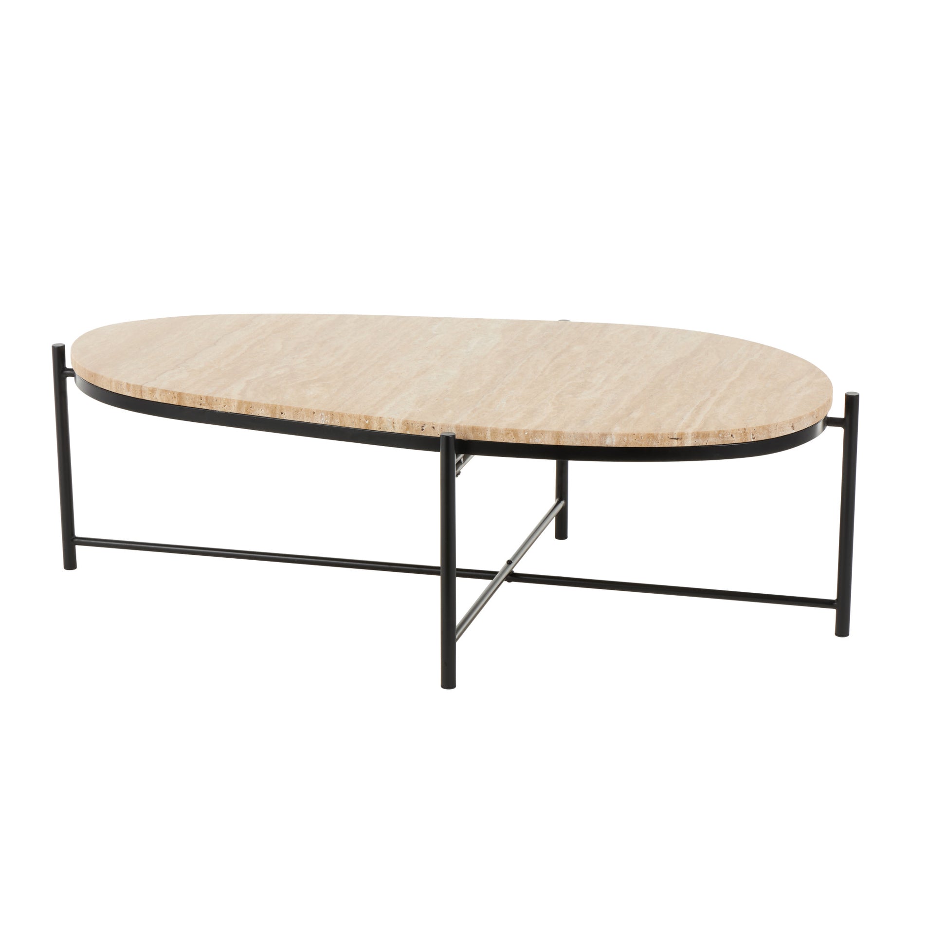 Beige Marble Oval Living Room Coffee Table with Black Metal Support