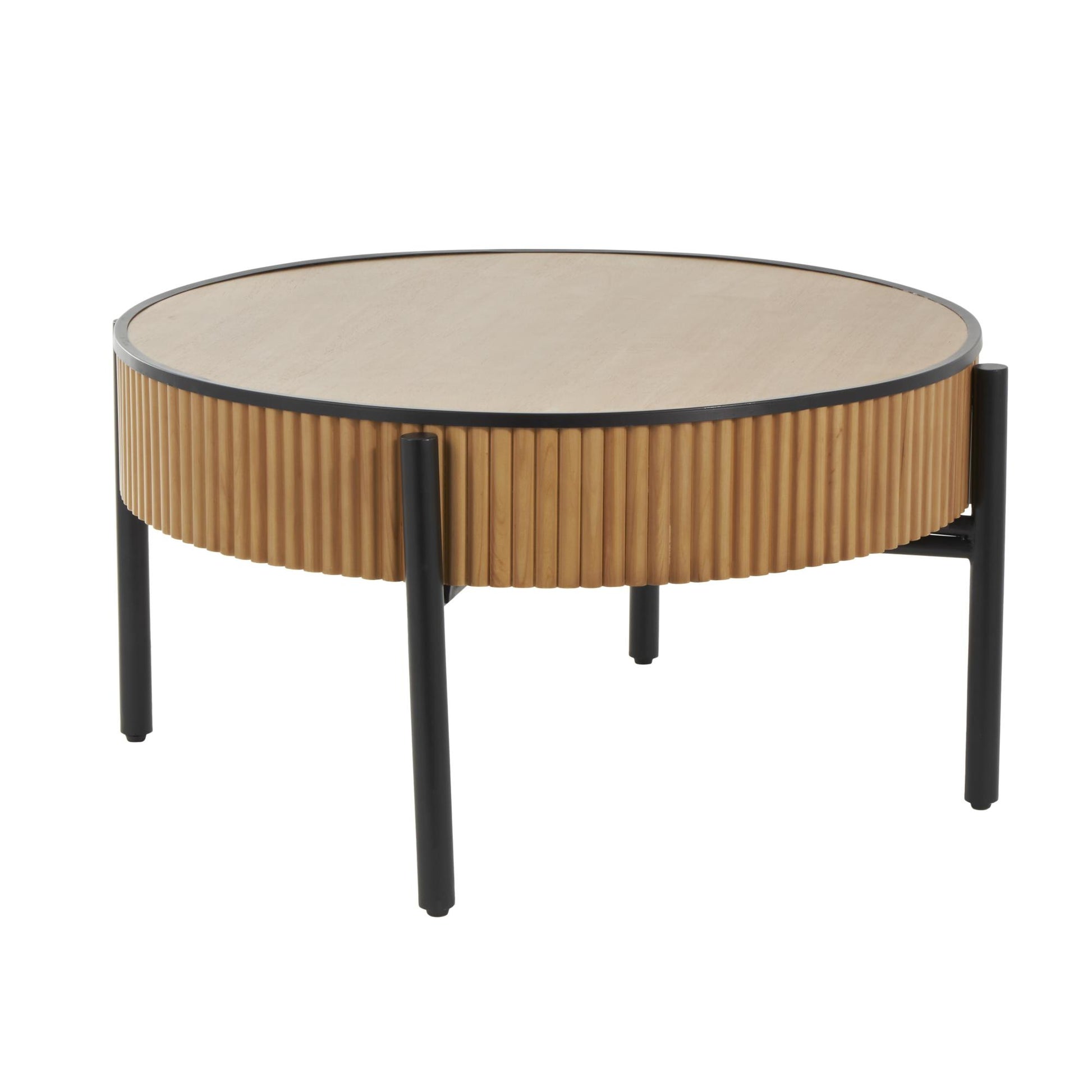 Brown Wooden Handmade Slatted Coffee Table with Black Legs