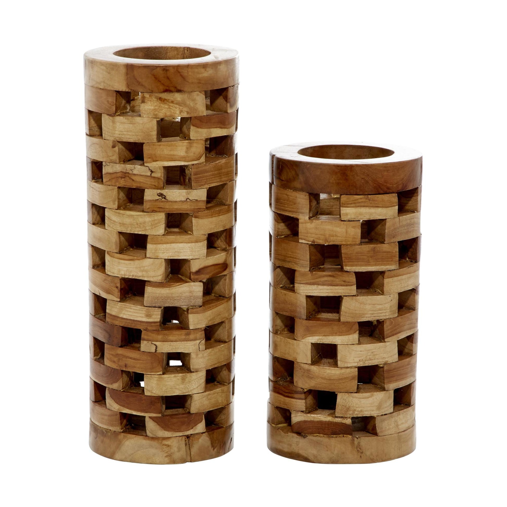 Set of 2 Brown Teak Wood Handmade Decorative Vase with Cut Out Patterns