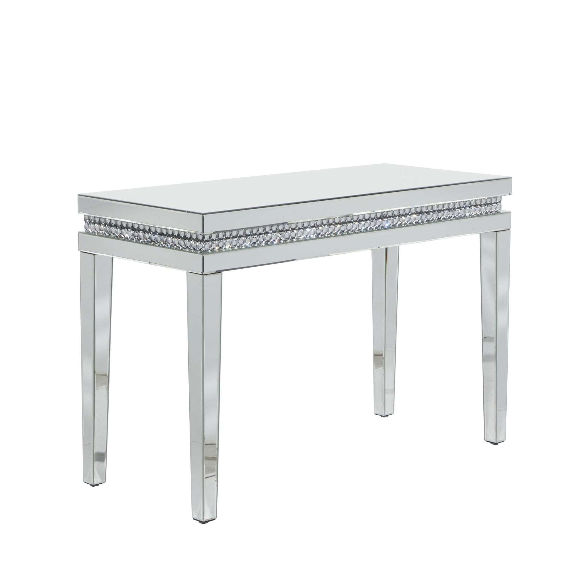 Silver Glass Mirrored Living Room Console Table with Crystal Studded Embellishments