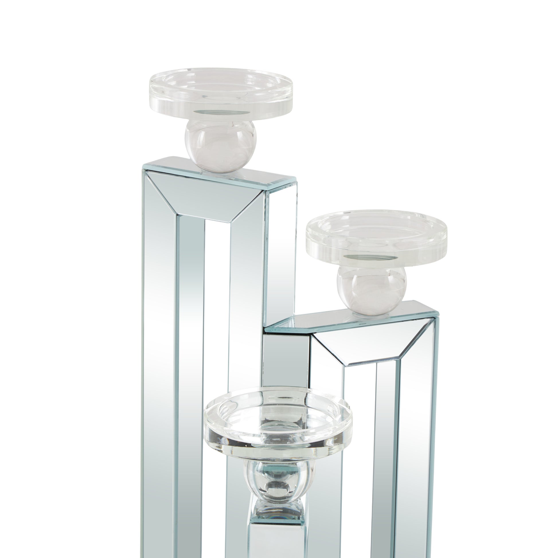Silver Glass Pillar 3 Plate Decorative Candelabra with Mirrored Accents