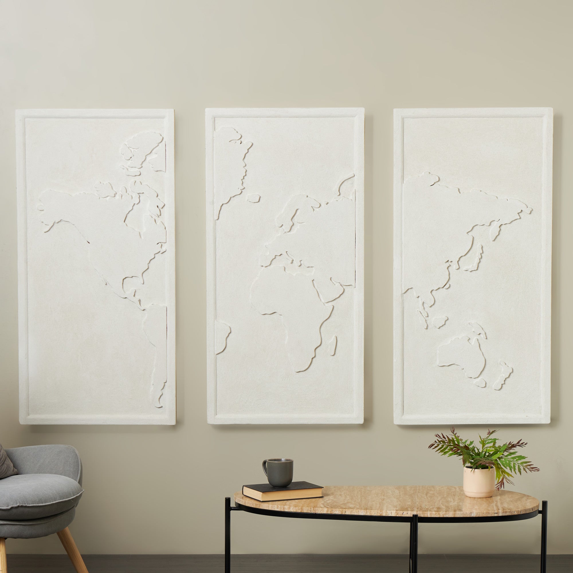 Set of 3 World Map White Wooden 3D Home Wall Decor
