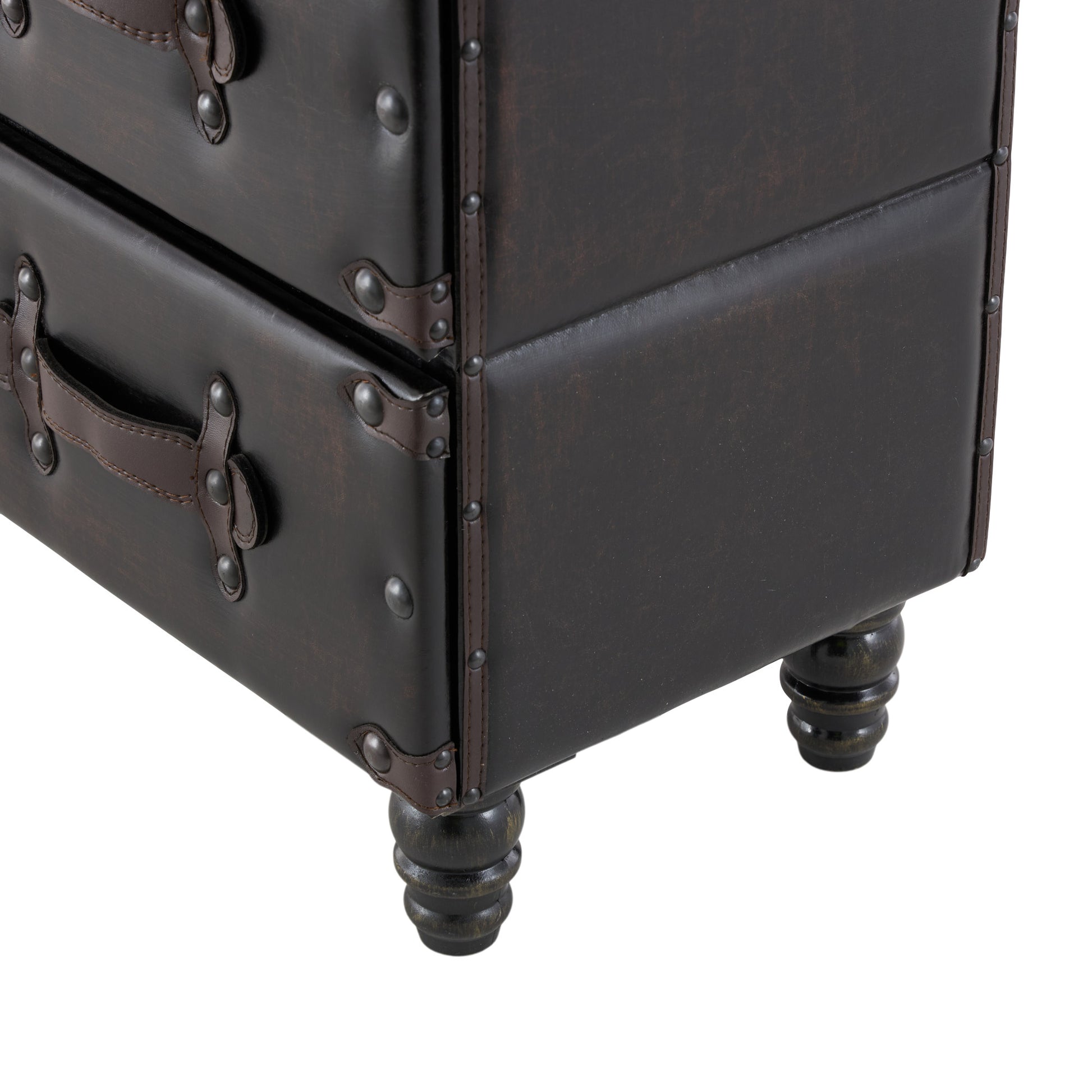 Black Wood Vintage Faux Leather Room Chest with Rivets and Straps Detailing