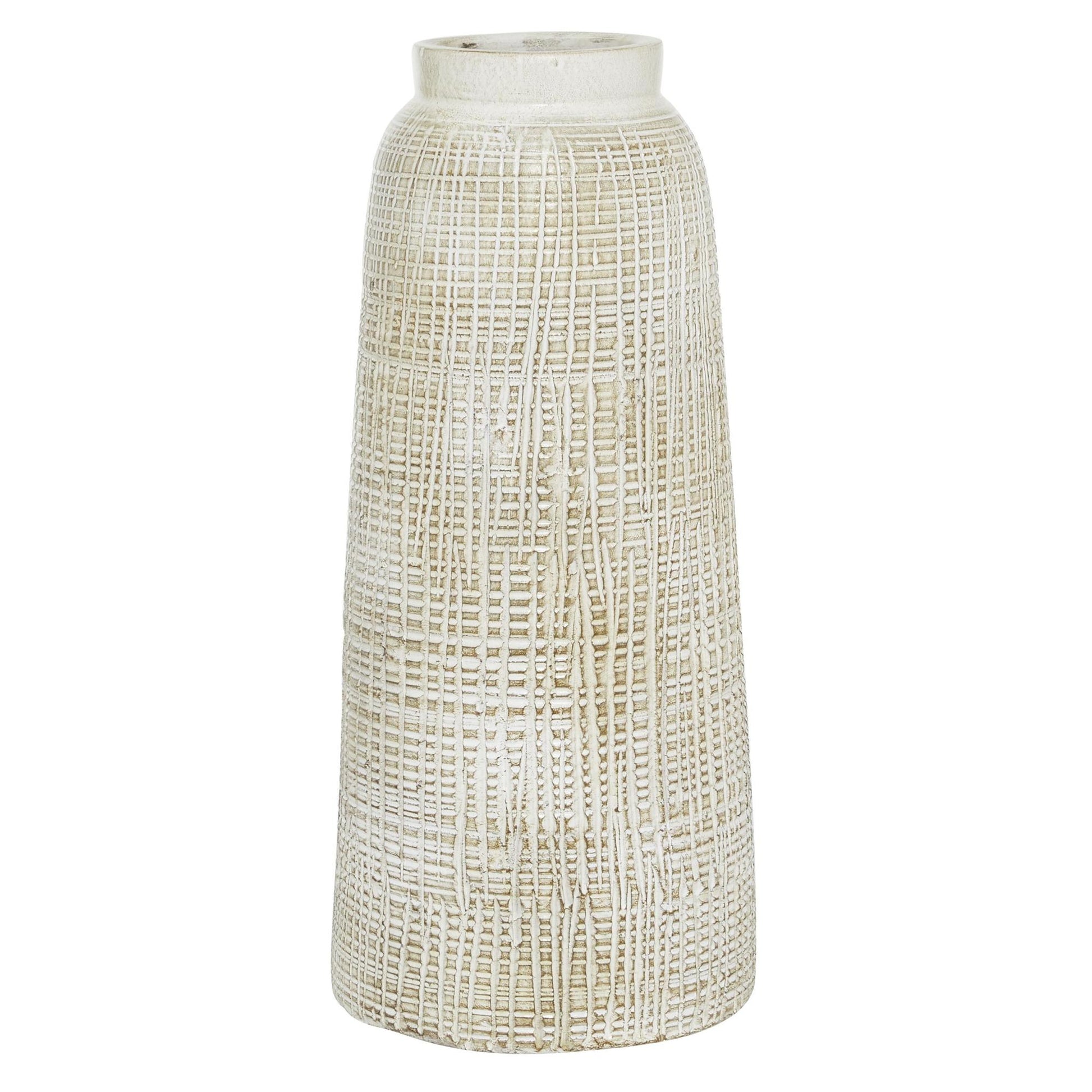 White Ceramic Textured Crosshatch Decorative Vase with Crosshatch Design