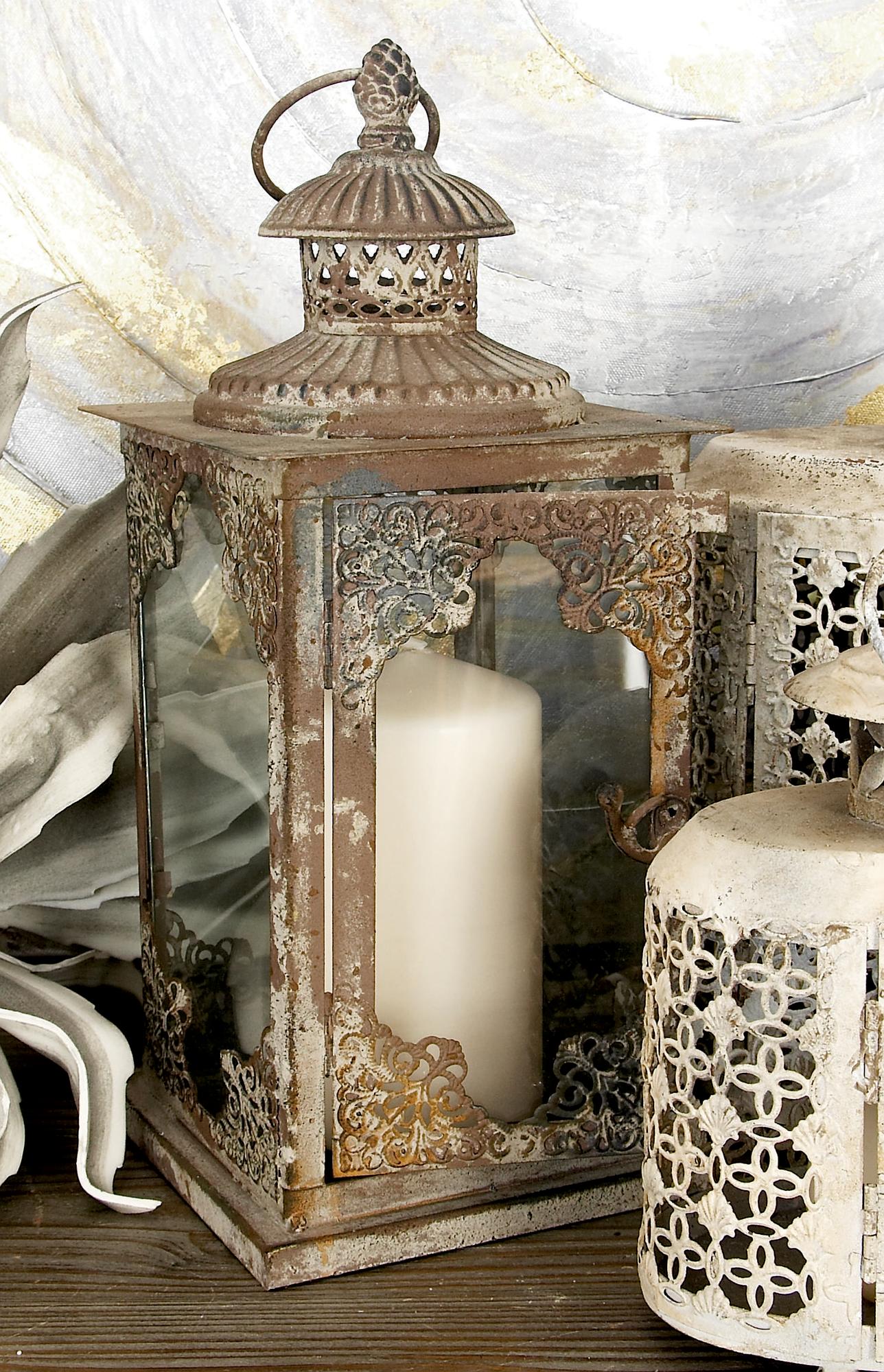 Scroll Gray Metal Decorative Indoor Outdoor Candle Lantern with Handle