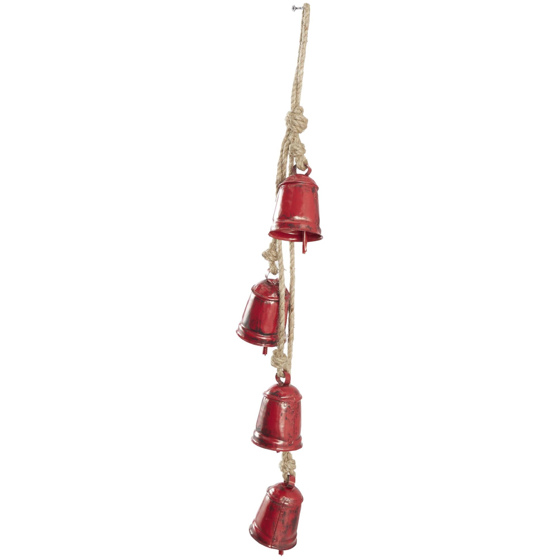 Metal Handmade Tibetan Inspired Indoor Outdoor Decorative Cow Bells with 4 Bells on Jute Hanging Rope