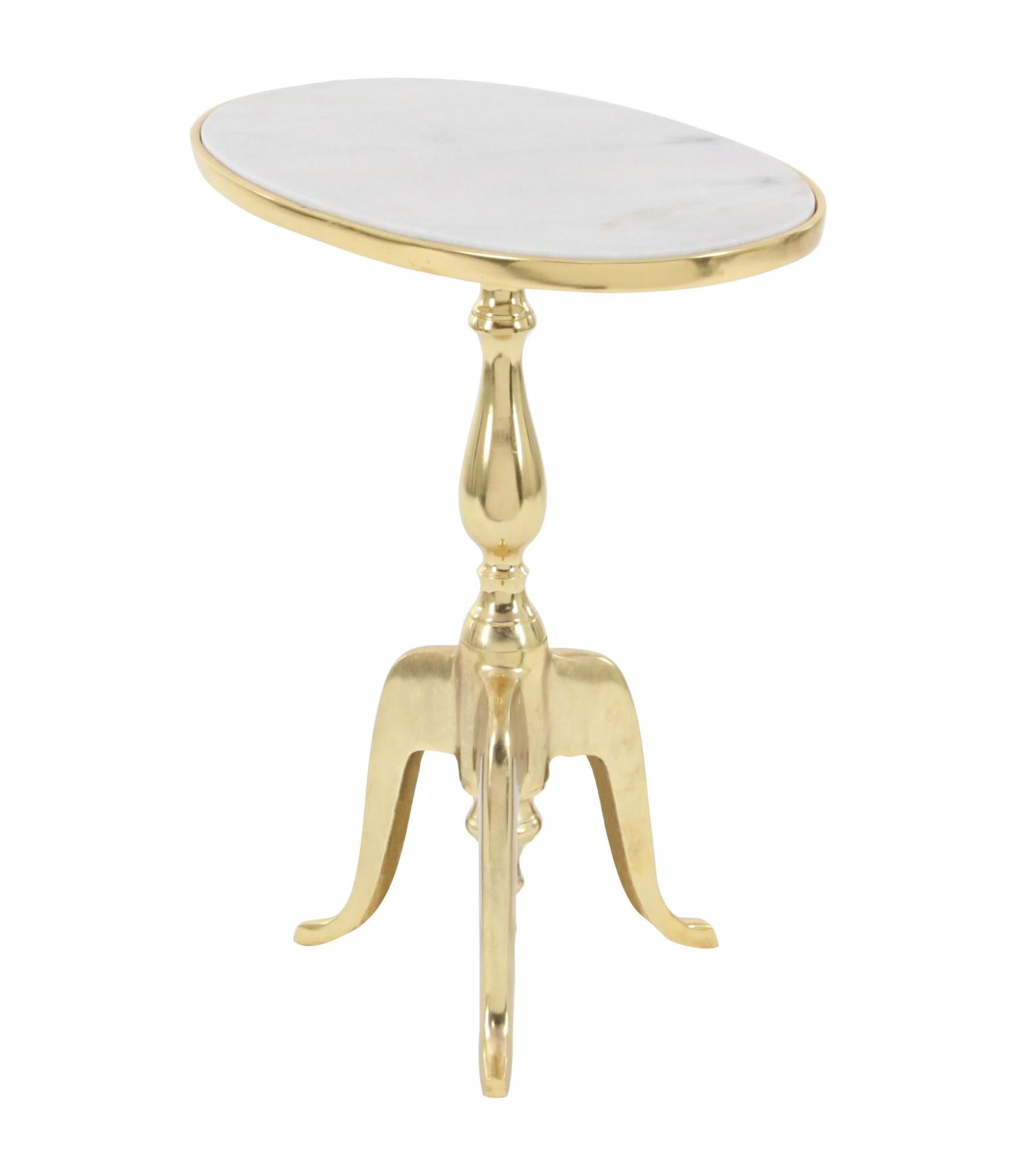 Gold Aluminum Metal Turned Oval Side End Accent Table with White Marble Top and Scroll Legs
