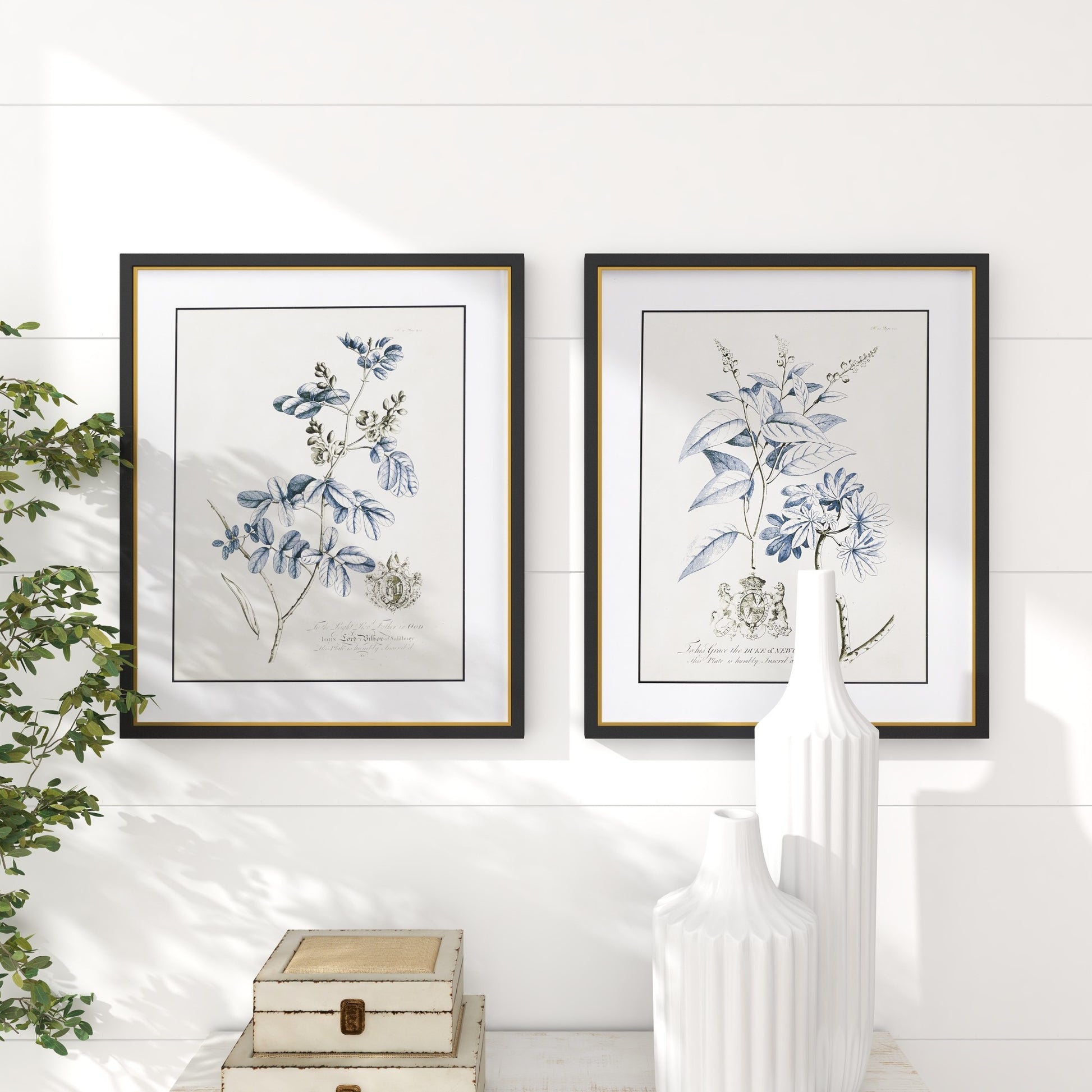 Set of 2 Floral Blue Wood Home Shadow Box with Black and Gold Frame