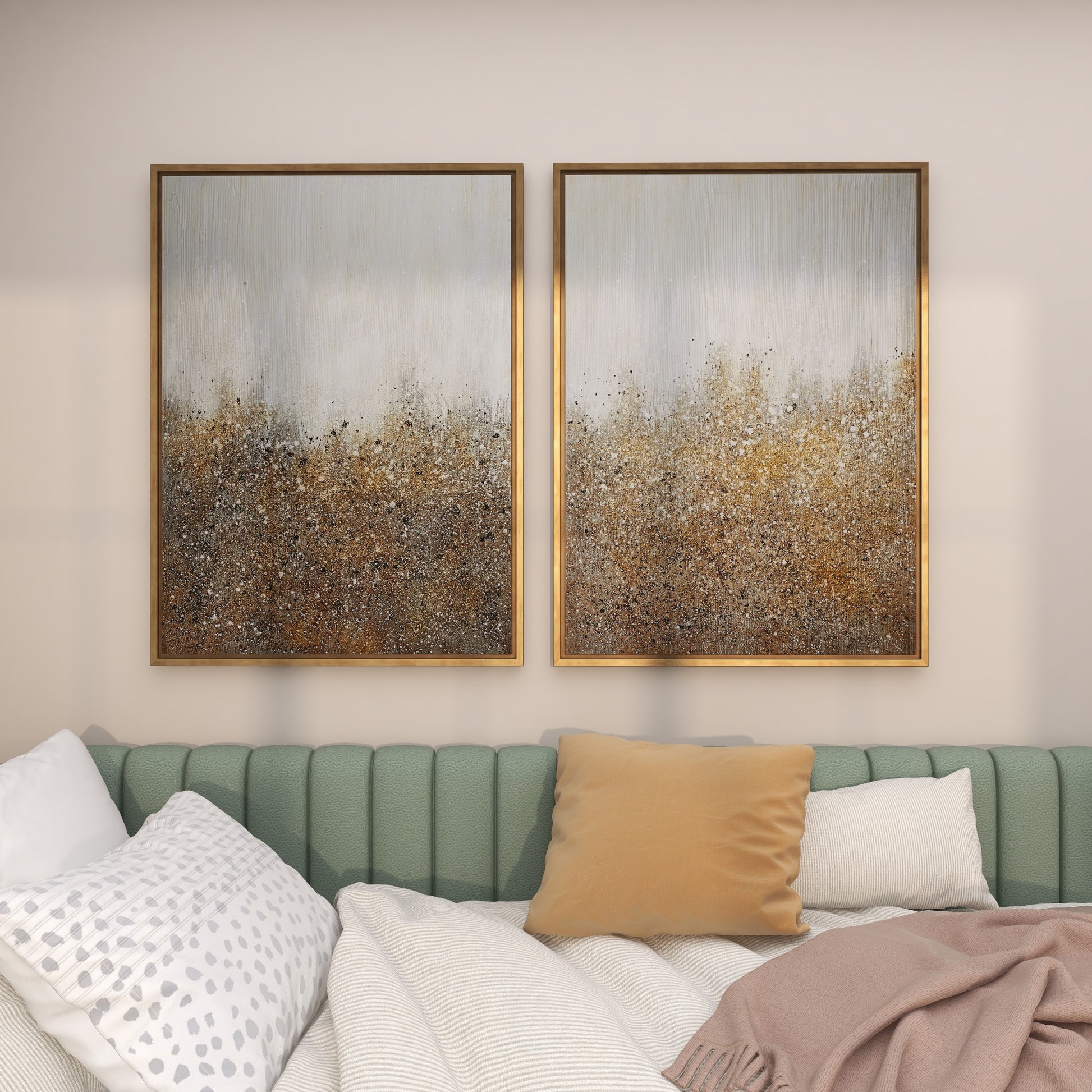 CosmoLiving by Cosmopolitan Set of 2 Abstract Gold Canvas Textured Splatter Living Room Framed Wall Art with Glitter Flakes