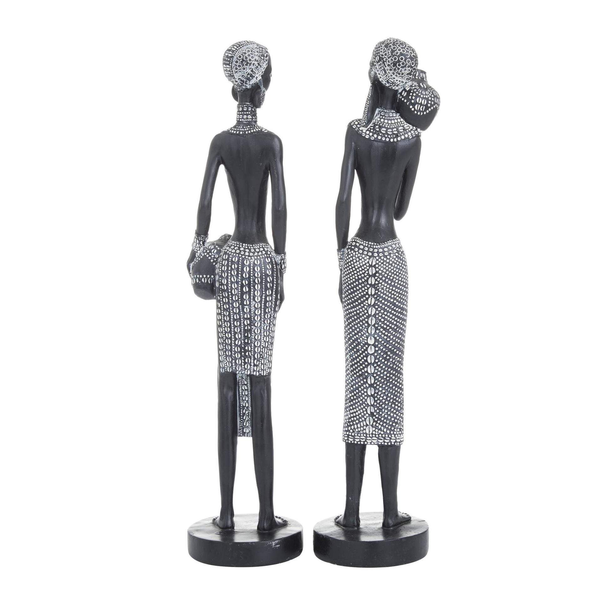 Set of 2 Woman Black Polystone Standing African Decorative Sculpture with Intricate Details