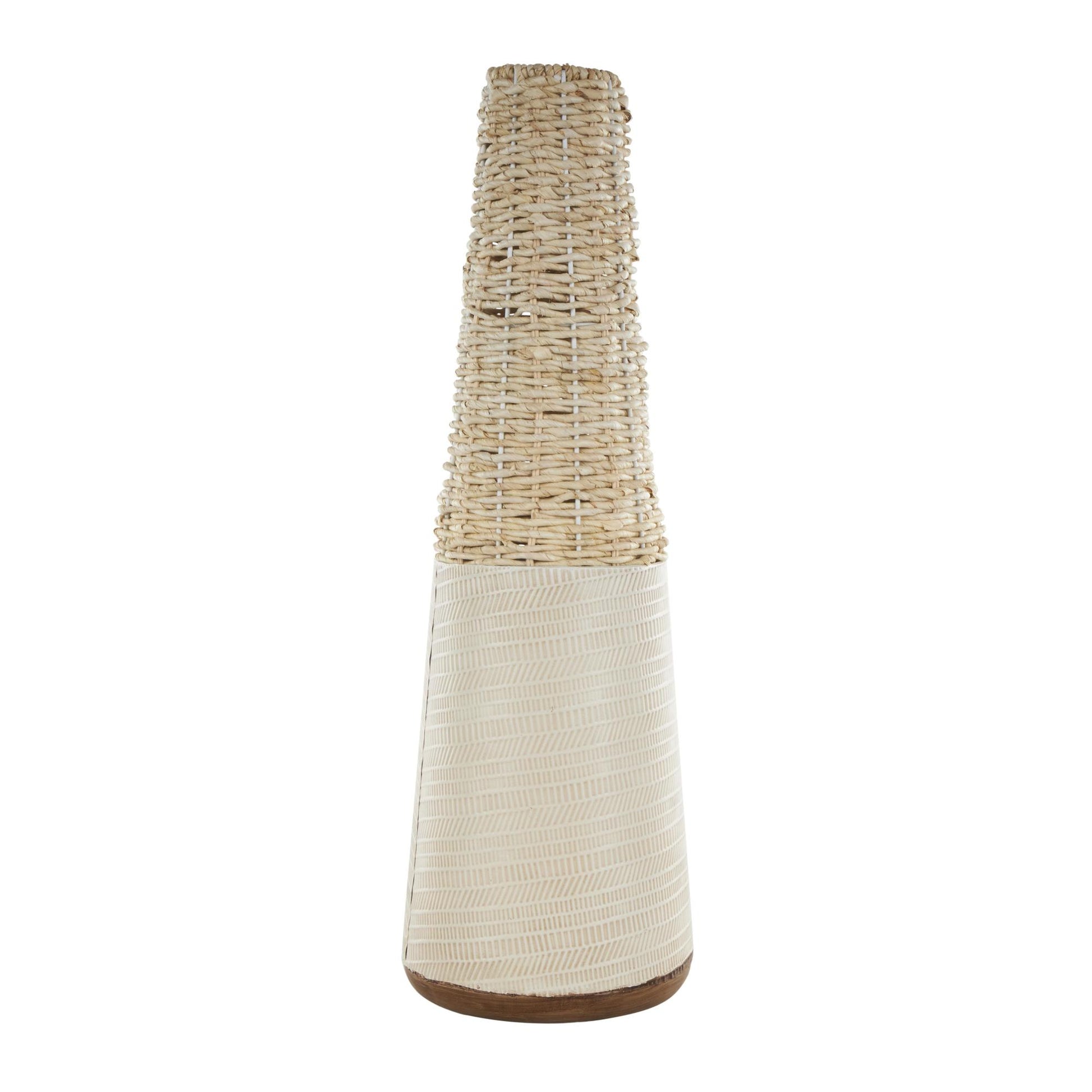 Geometric Light Brown Rattan Handmade Woven Decorative Vase with Beige Metal Base