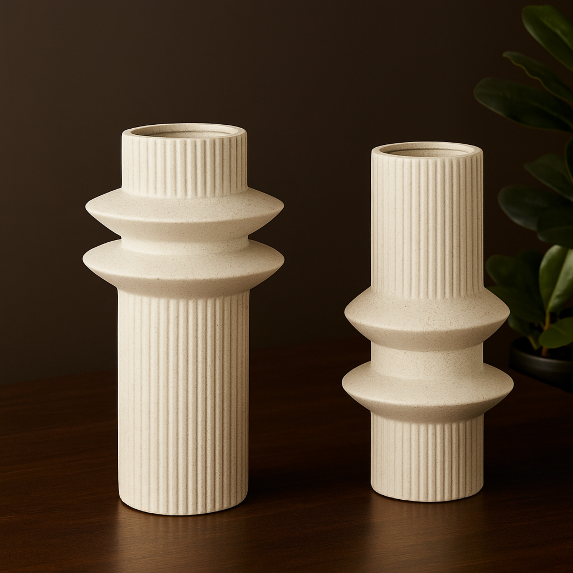 Set of 2 Abstract White Ceramic Ribbed Decorative Vase with Speckled Texturing