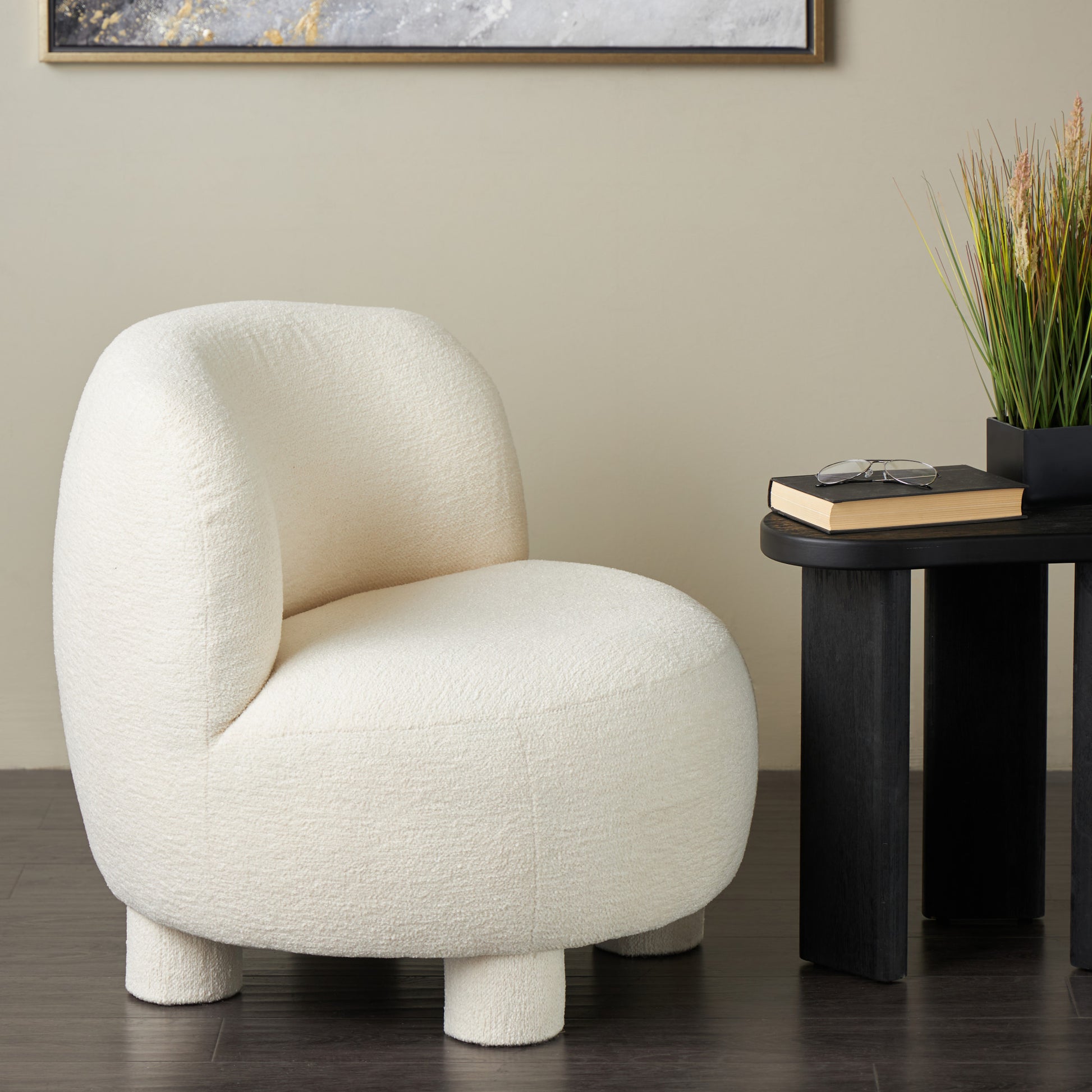 Cream Polyester Rounded Barrel Living Room Accent Chair